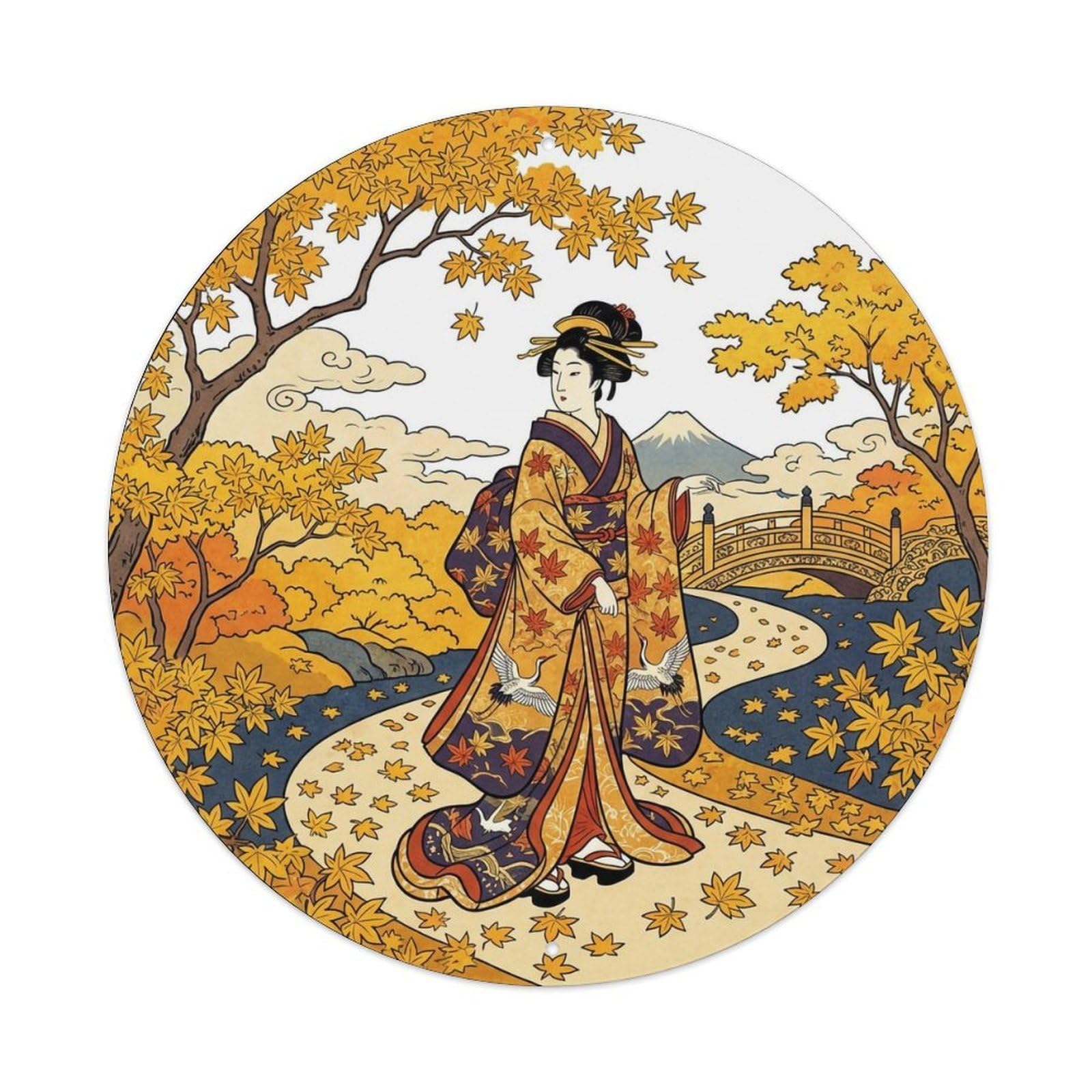 Yrnq 8X8inch Vintage Style Japanese Geisha Yellow Maple Path Walking Graceful Metal Tin Sign