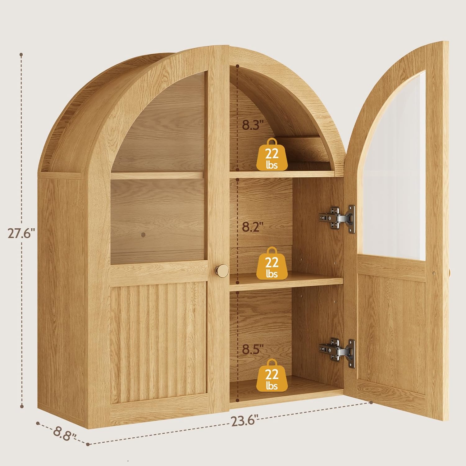 Arched Bathroom Wall Cabinet, 24 x 28 Inch Over The Toilet Storage Cabinet with Glass Door, Fluted, Adjustable Shelf, Wall Mounted Floating Wooden Medicine Cabinets for Bathroom Laundry Room, Natural