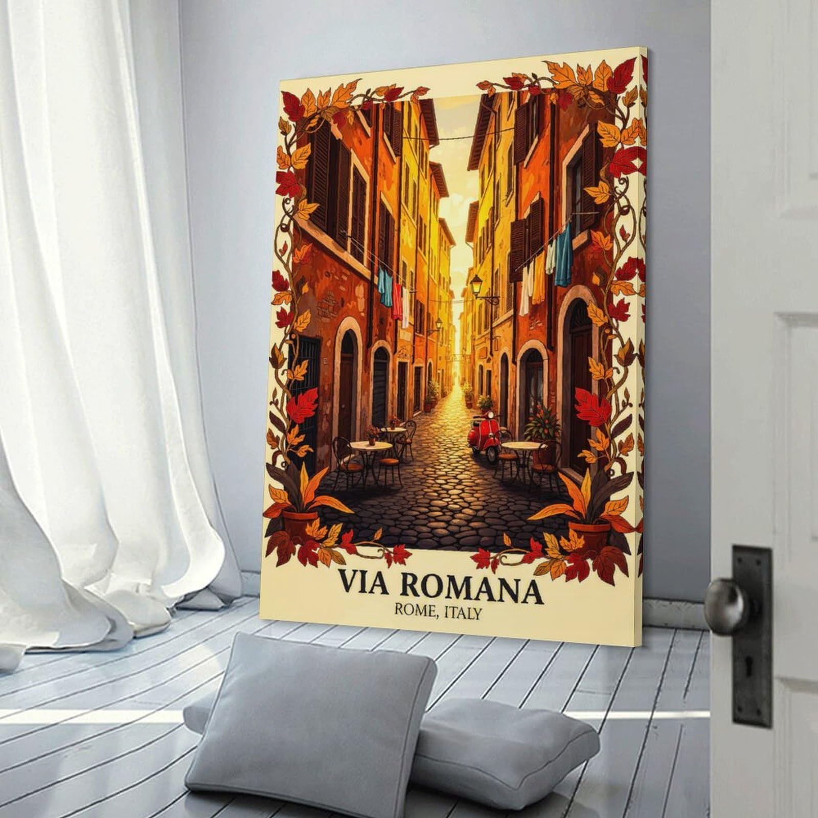 Junmoney Via Romana Rome Italy Autumn Wall Art Print, 24x36inch(60x90cm), for Workspace Walls, Study Corners Or Bedrooms, A Smart Decor Choice for Study Walls