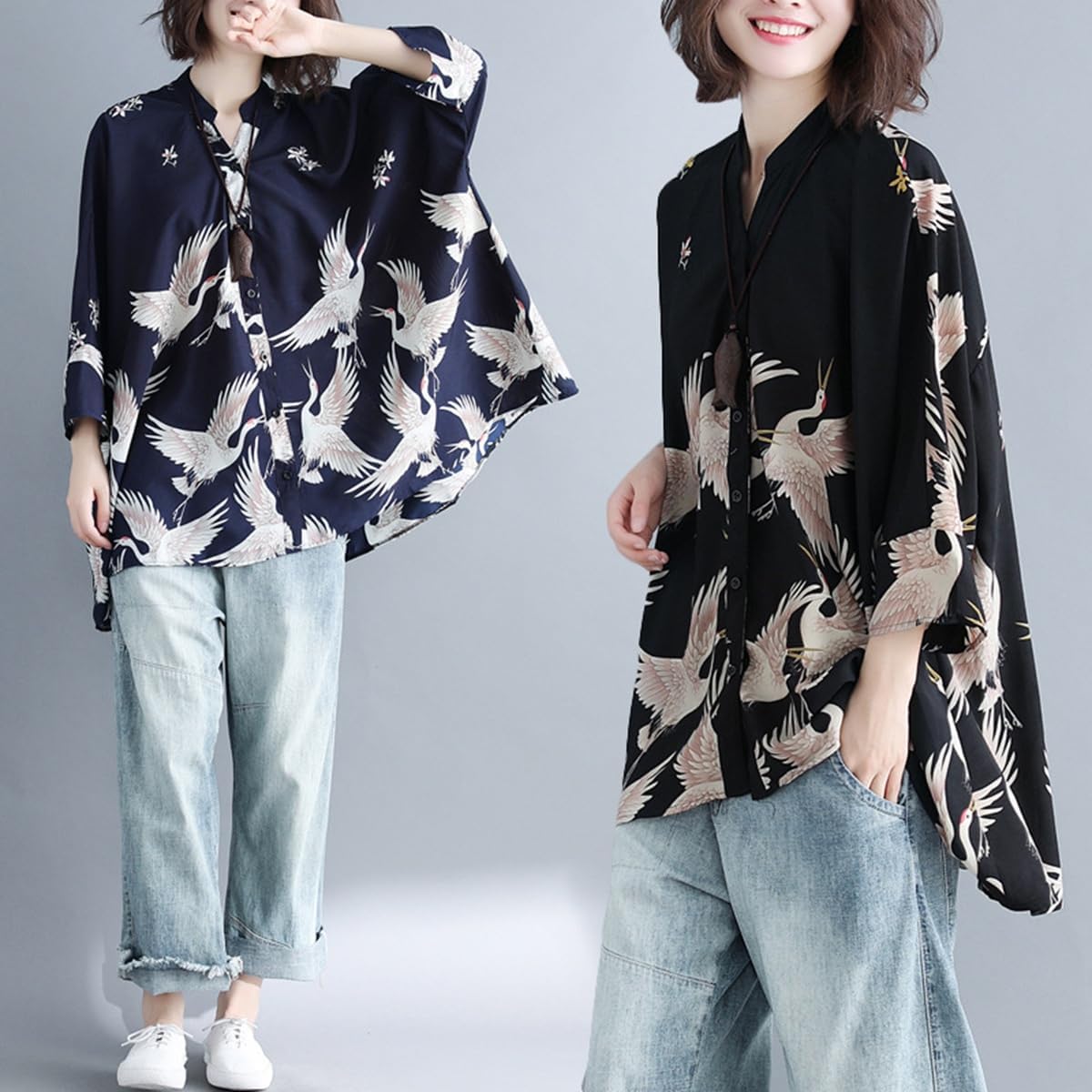 GK-O Women Japanese Style Crane Print Long Sleeve Chiffon Shirt Loose Fit Blouse - Image 8