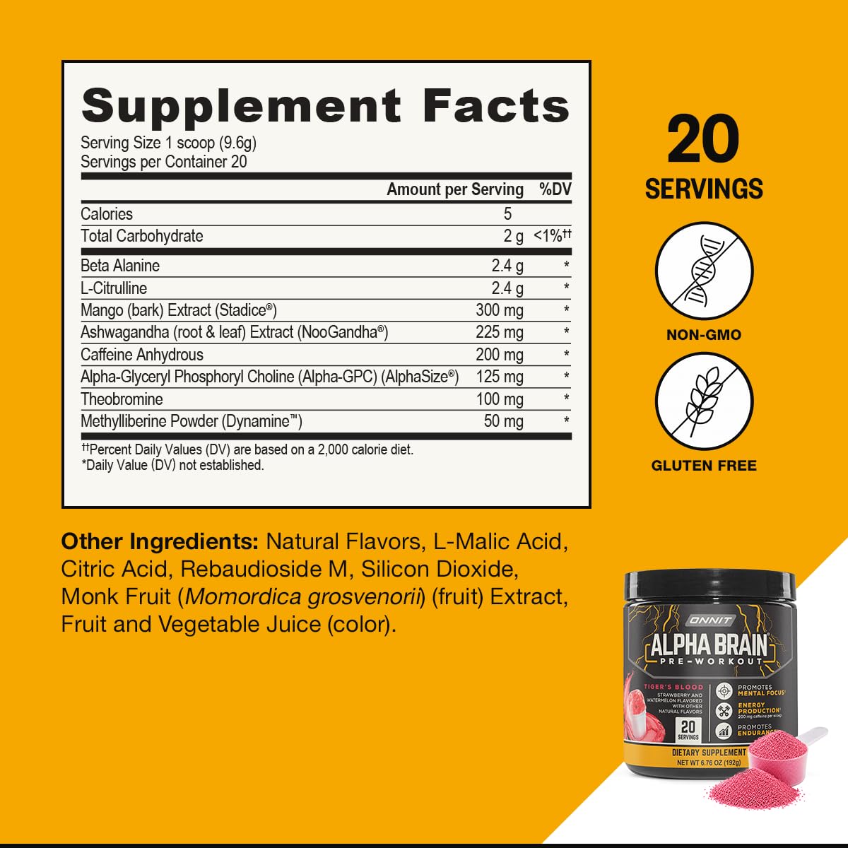 ONNIT Alpha Brain Pre-Workout Powder for Focus, Tigers Blood, 20 Servings — Amazon image 8