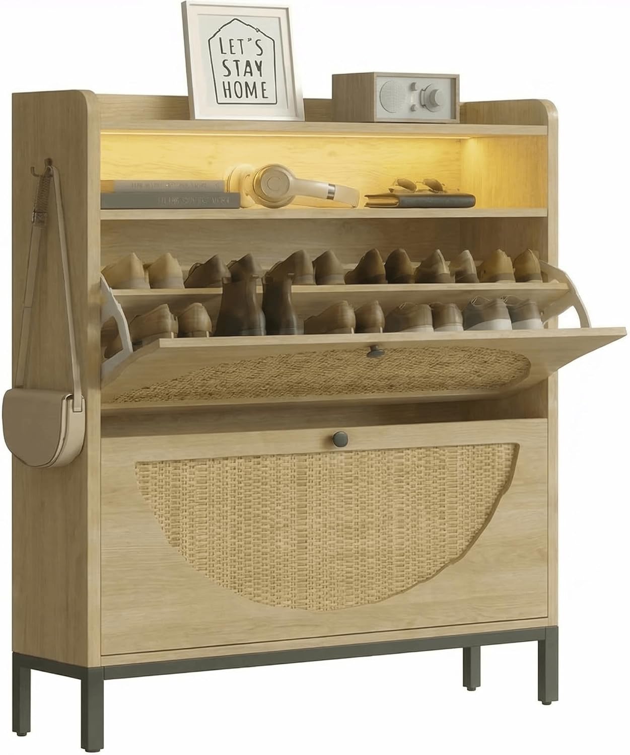 IRONCK Shoe Storage Cabinet with 2 Flip Drawers, Narrow Shoe Cabiet with Rattan Doors and LED, Free Standing Wood Shoe Rack Storage Organizer with Open Storage for Entryway