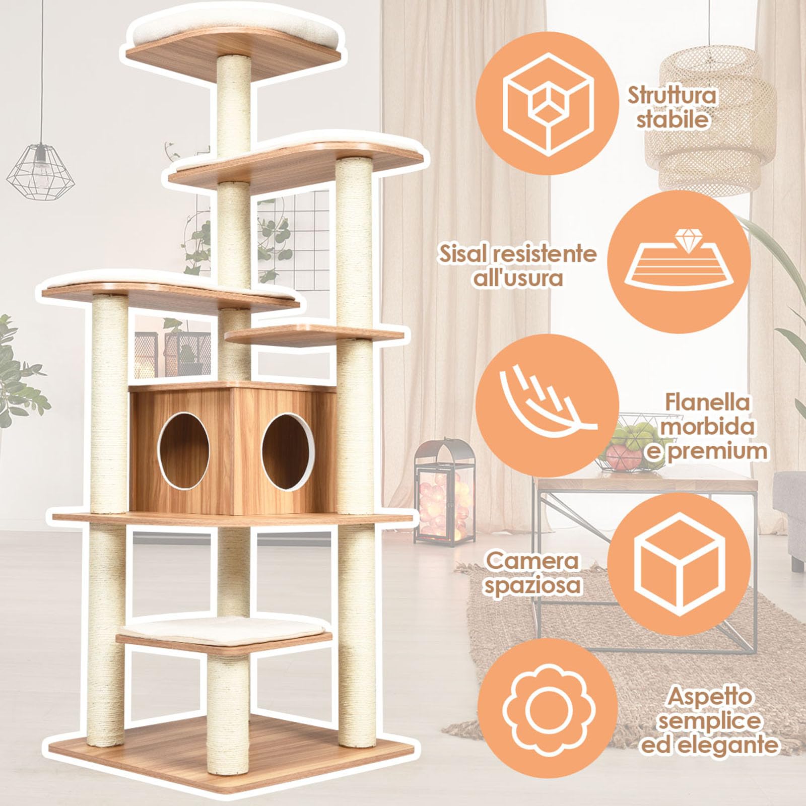 COSTWAY Tiragraffi per Gatti 176cm, Albero per Gatti Adulti XXL con Corda Sisal, Cuccia, Piattaforma e Cuscini, 86,5 x 86,5 x 176cm, Nero e Naturale