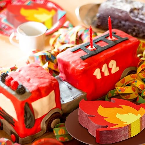 Miniatura 4 de Henoyso 100 servilletas de fuego, suministros de fiesta, 6.5 pulgadas, servilletas de llama desechables de papel para bomberos, camión de bomberos,