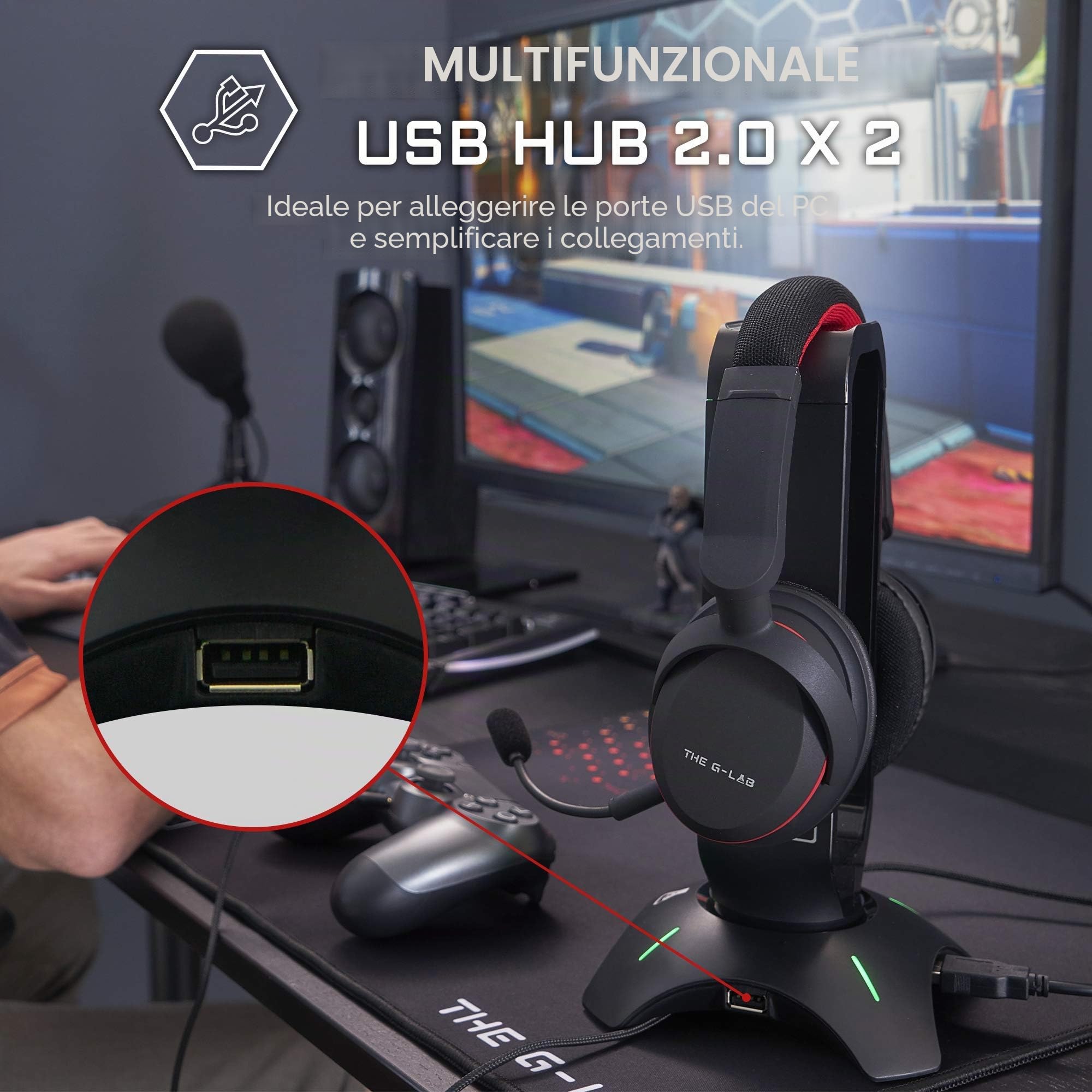 The G-Lab K-Stand RADON Supporto per Cuffie da Gioco RGB USB HUB Base Antiscivolo Nero
