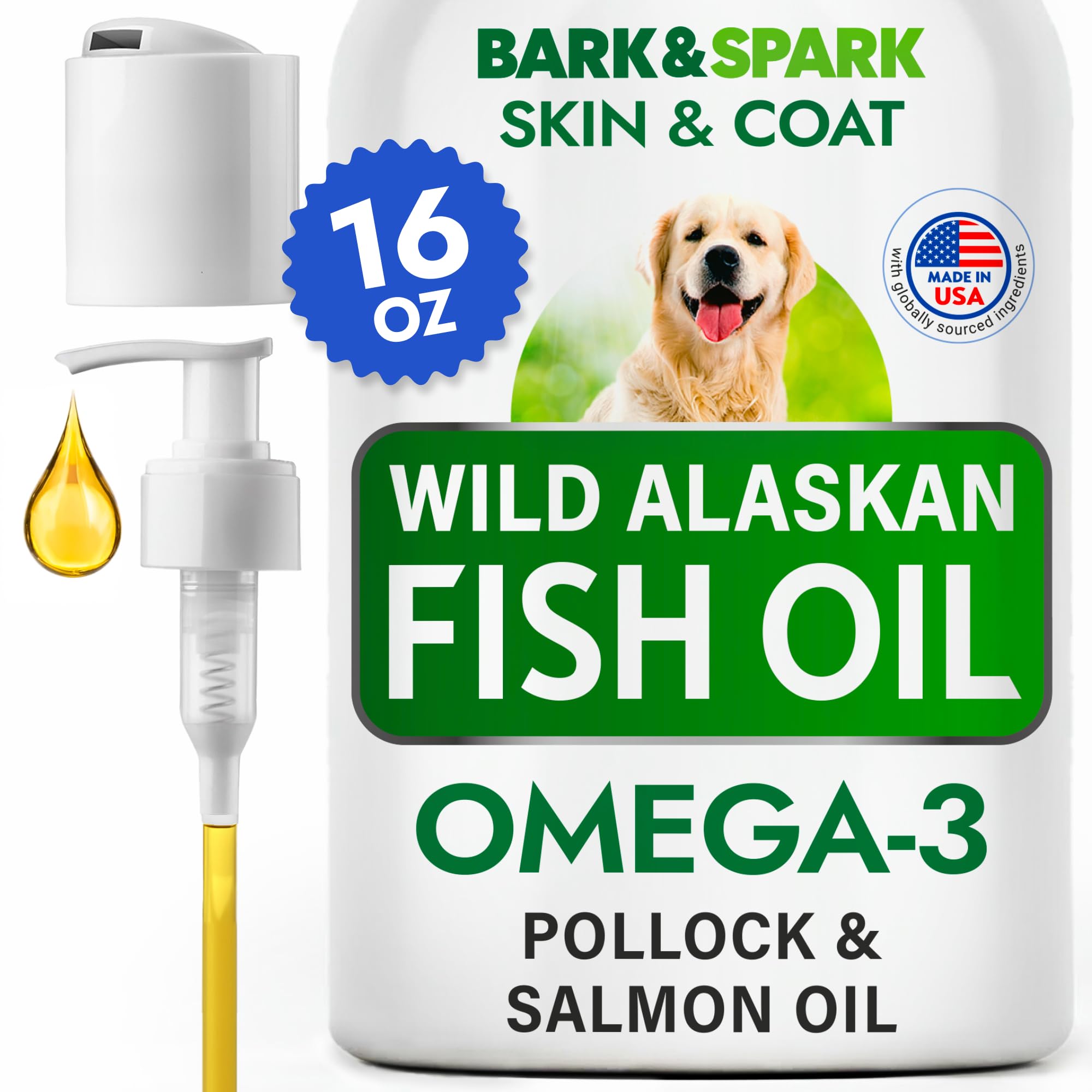 BARK&SPARK Omega 3 Fish Oil for Dogs - w/Wild Alaskan Salmon Oil for Dogs, Fish Oil Liquid Supplement for Pets, EPA+DHA Fatty Acids, Skin&Coat Support - Itch&Allergy Relief, Joint, Immune&Heart Health