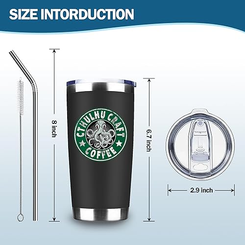 Miniatura 5 de Cthulhu Craft - Taza de pulpo, vaso de café helado de acero inoxidable aislado de 20 onzas con tapa, popote y cepillo para pajilla, divertida taza