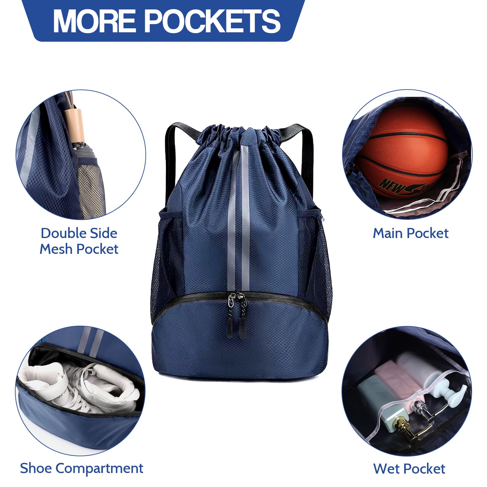 Minicoco Drawstring Backpack, Large Gym Bag Oxford Sports & Outdoor Backpack with Shoe Compartment, Waterproof for Men Women - Image 4