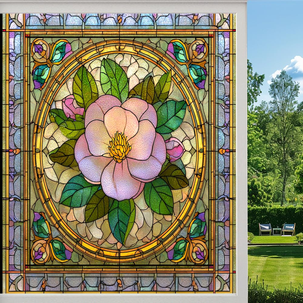 Gorgeous Camellias Privacy Window Film, Natural Floral Plants Flower Frosted Self-Adhesive Vinyl Cling for Glass Doors Bathroom Windows Sun Blocking Heat Control, （80x140cm）