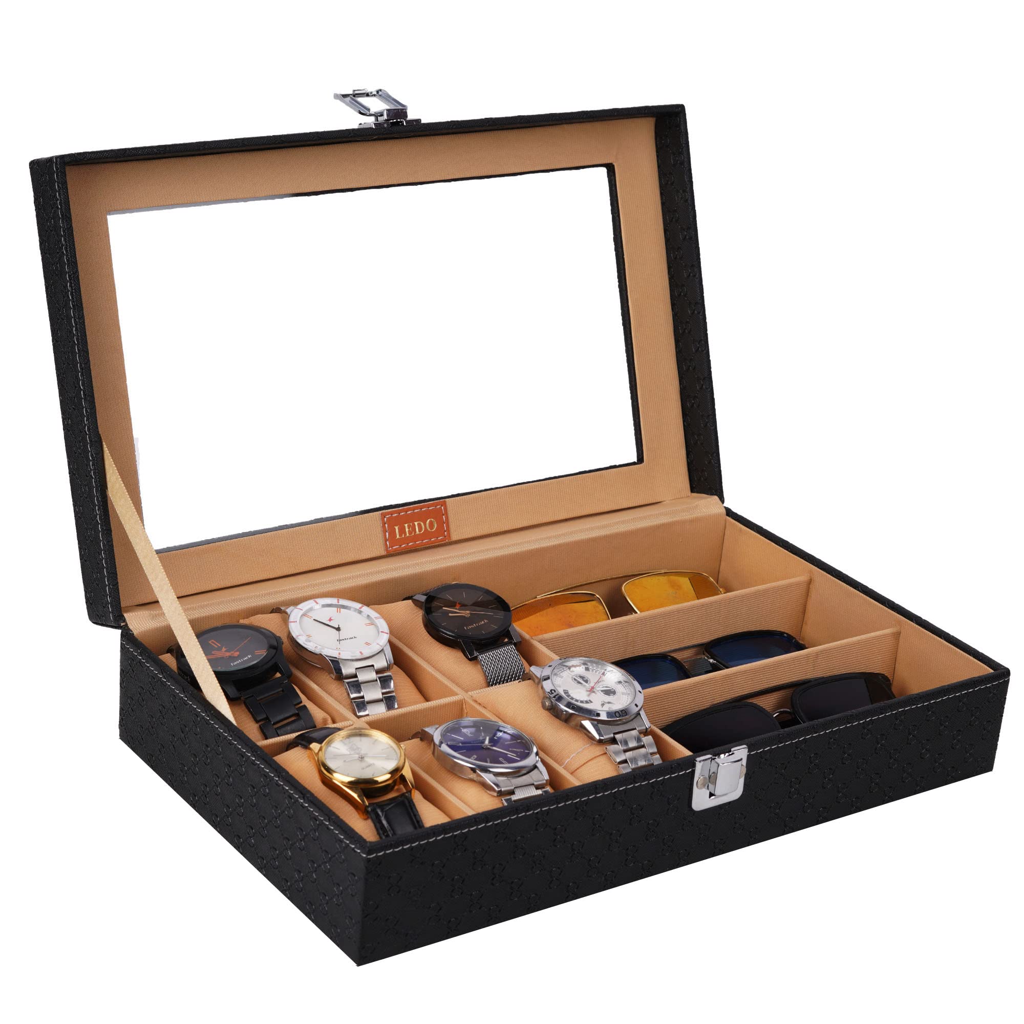 LEDO Watch Case Box and Sunglass Box Holder in Black Color with 6 Slots for Watches and 3 Slots for Sunglasses (B09QHP4W1F) Amazon Price History, Amazon Price Tracker