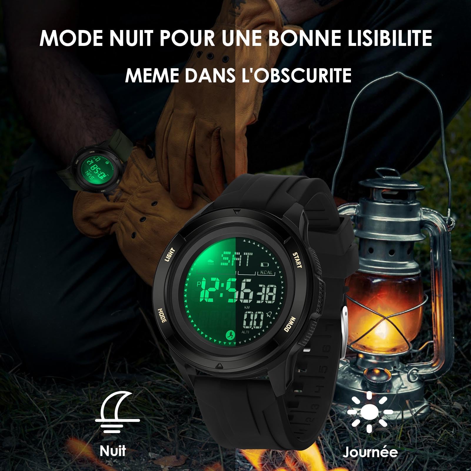 findtime Montre Sport pour Homme Bracelet en Silicon Montre de Randonnée,avec Métronome, Boussole Chronomètre, Podomètre Montre Numérique Digitale Étanche 5ATM Cadran Bonne Lisibilité dans La Nuit