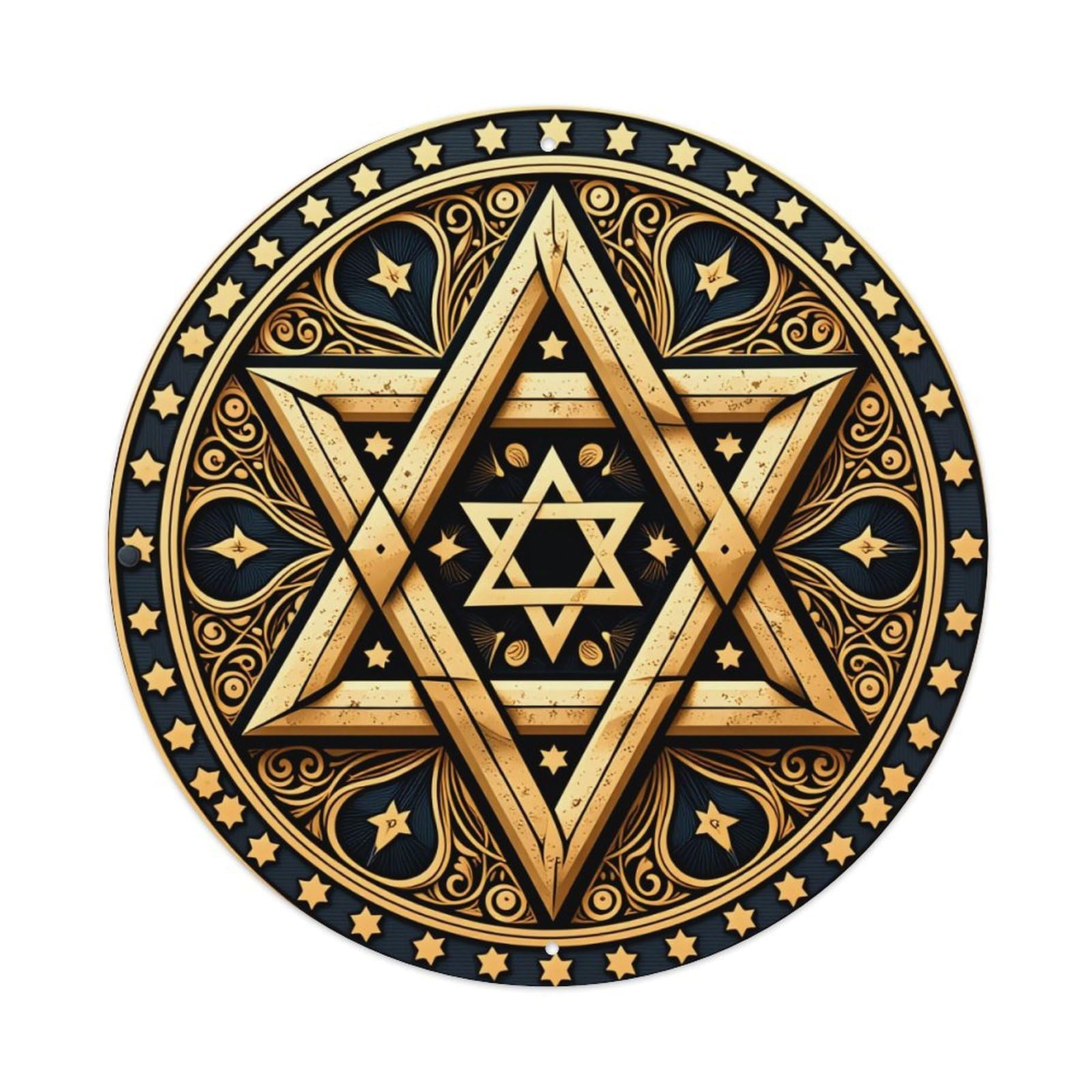 Golden Star Mandala Pattern Design Round Tin Sign Vintage Metal Poster, Home Bar Garage Man Cave Cafe Indoor & Outdoor Wall Decoration 8x8Inches