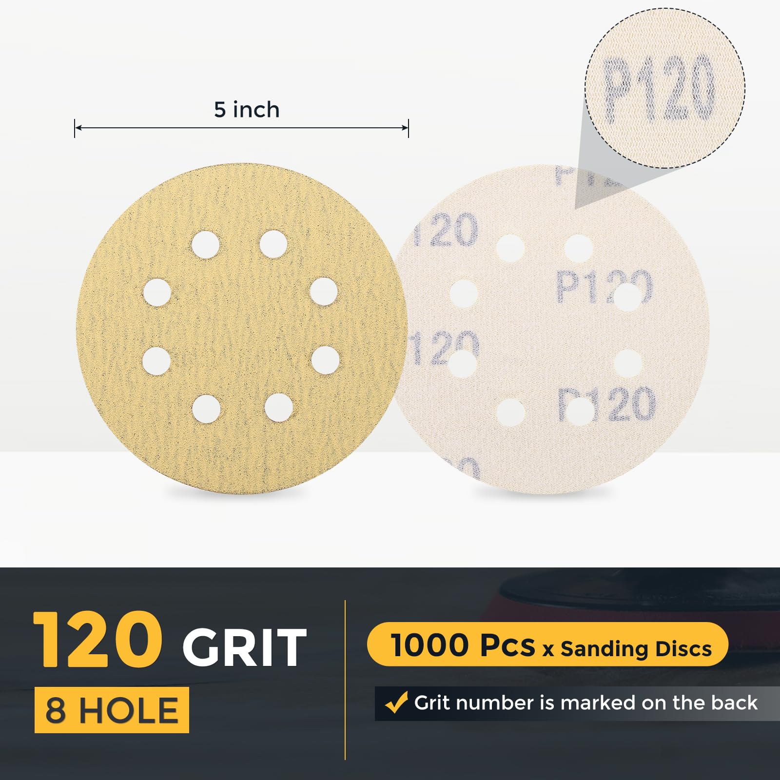 QUARKZMAN 1000 Pcs 125mm 5 Inch Discos De Lija 8 Agujeros 120 Grit De Gancho Y Bucle Para Lijadora Orbital Aleatoria Para Trabajos En Madera Automotriz Metal, Dorado