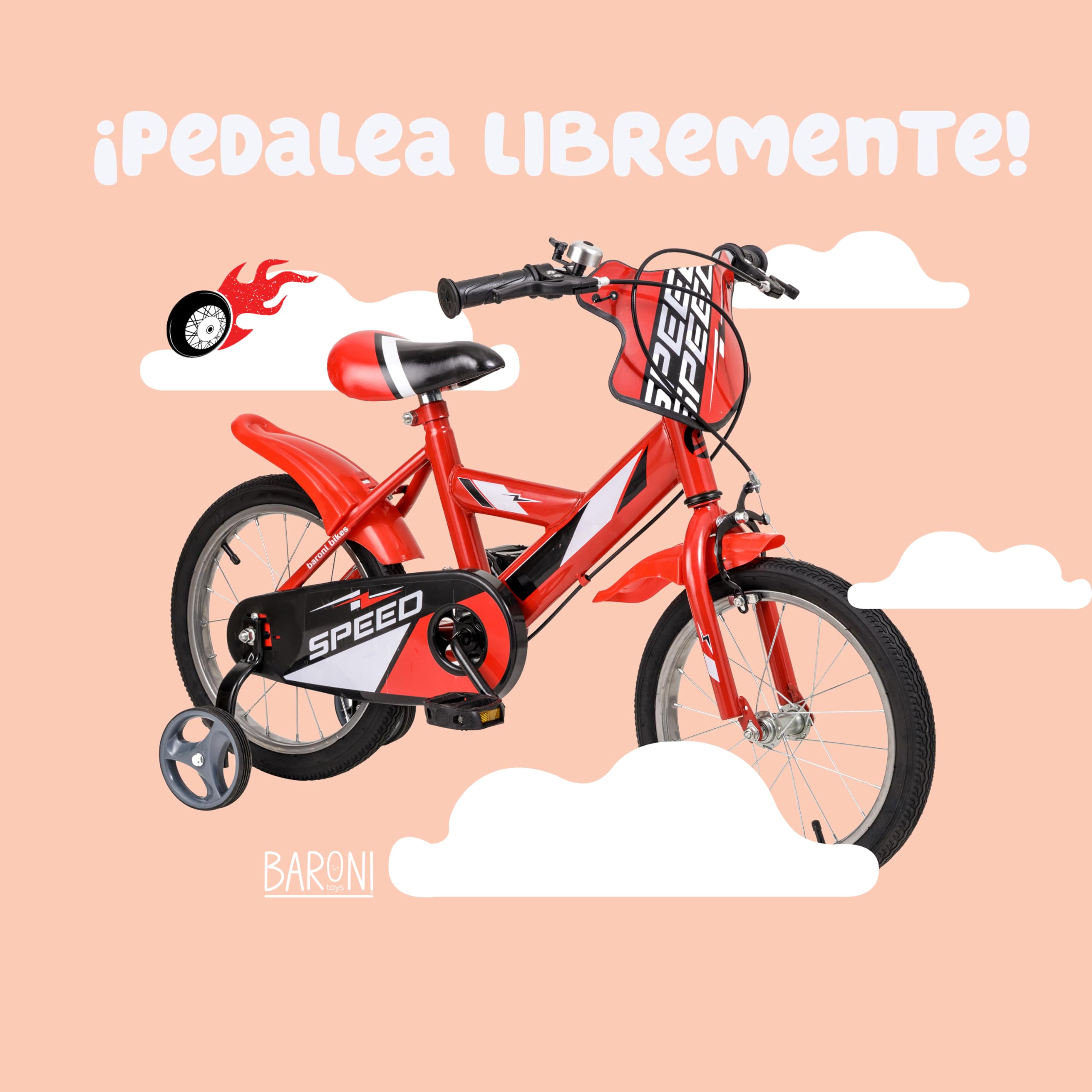 Baroni Toys Bicicleta roja para niño con ruedas incluidas, bicicleta deportiva para niños de acero, bicicleta para niños de 4 a 7 años, talla 12, 14 y 16 pulgadas