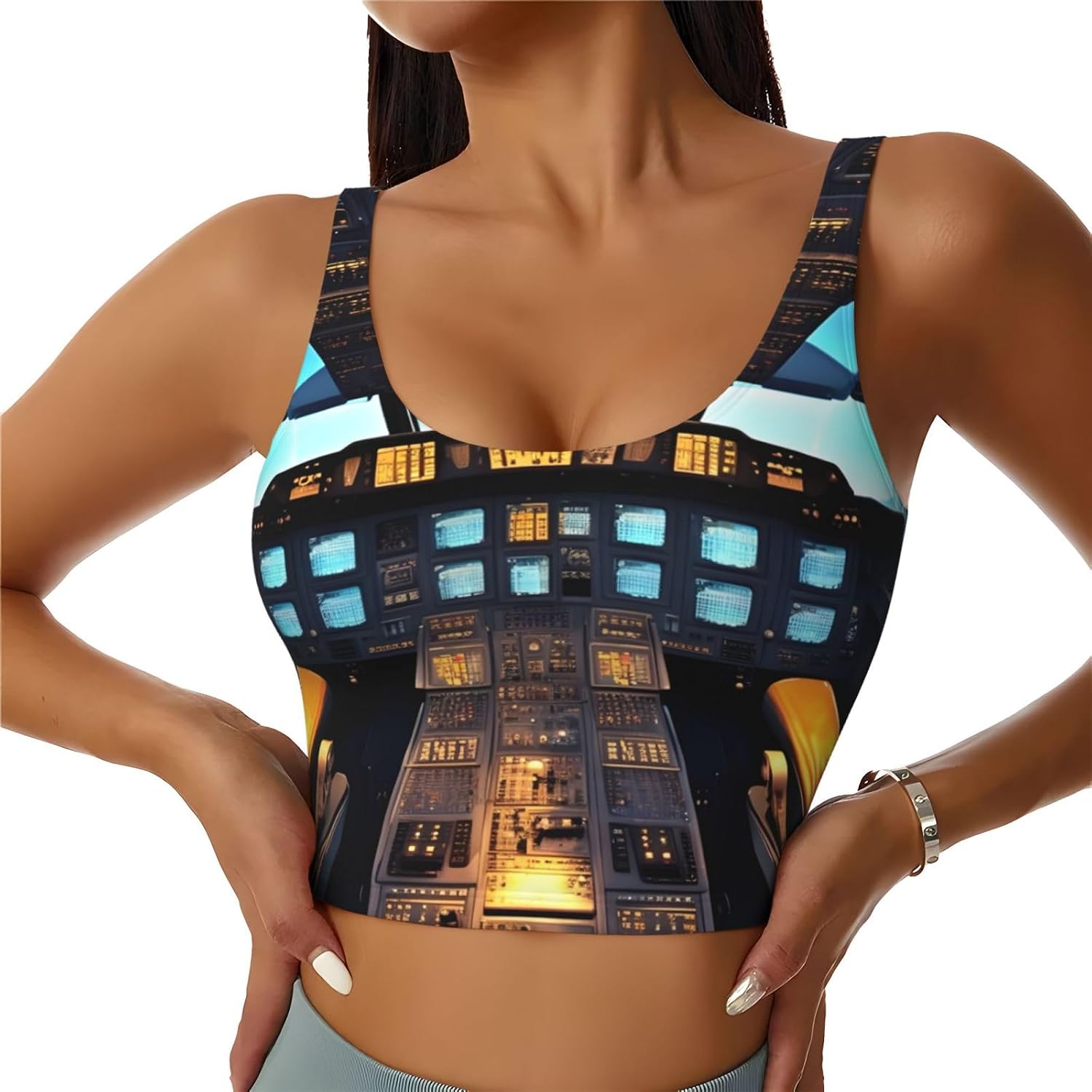 Airplane Cockpit Print Women'S Sports Bra Tank Tops,Longline Sports Bras For Yoga,Workout And Running