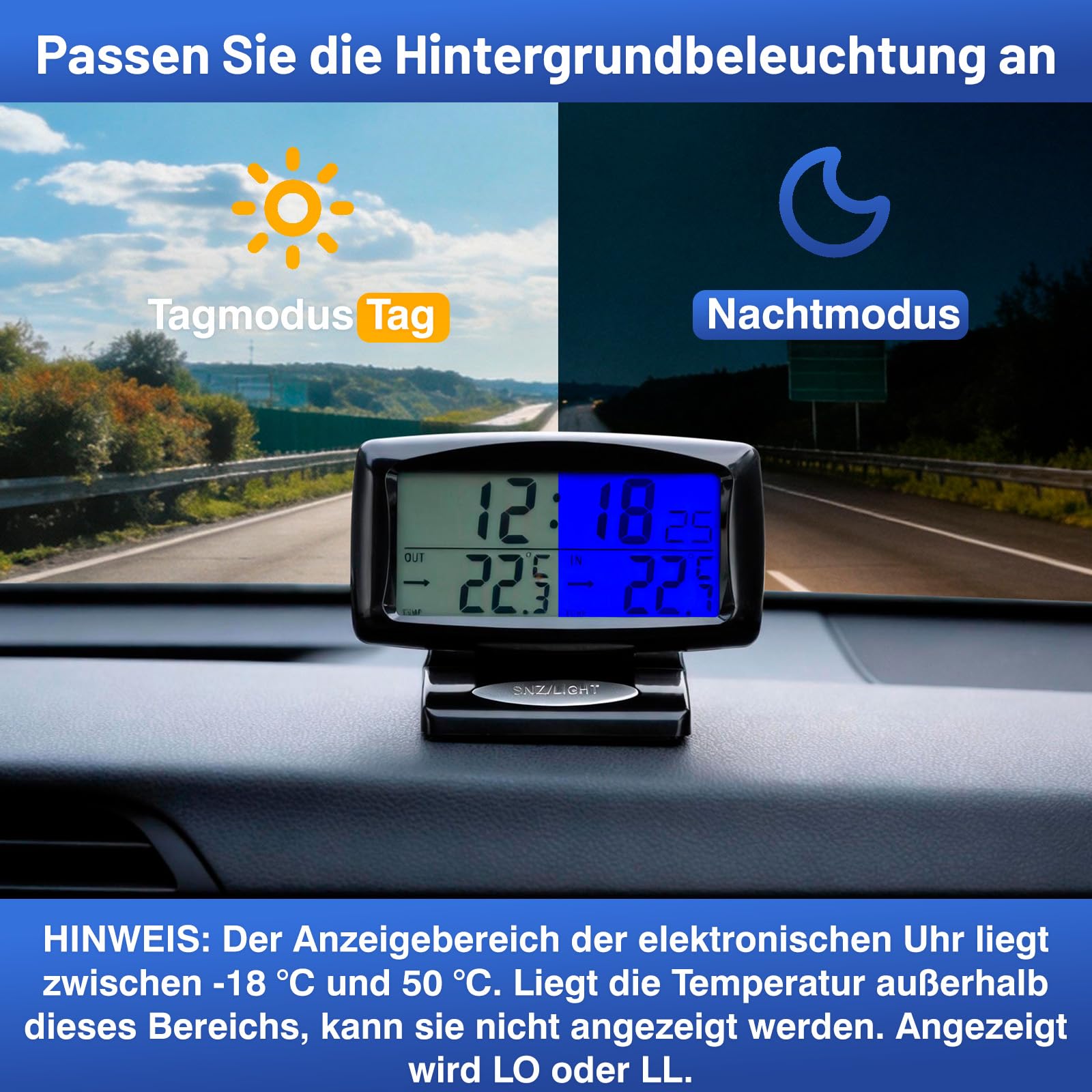 Auto Innen und Außen Temperaturmessgerät, Thermometer Elektronische Uhr Blaue LCD Hintergrundbeleuchtung, für Auto mit Digitalanzeige und Thermometer,temperaturmessgerät innen außen