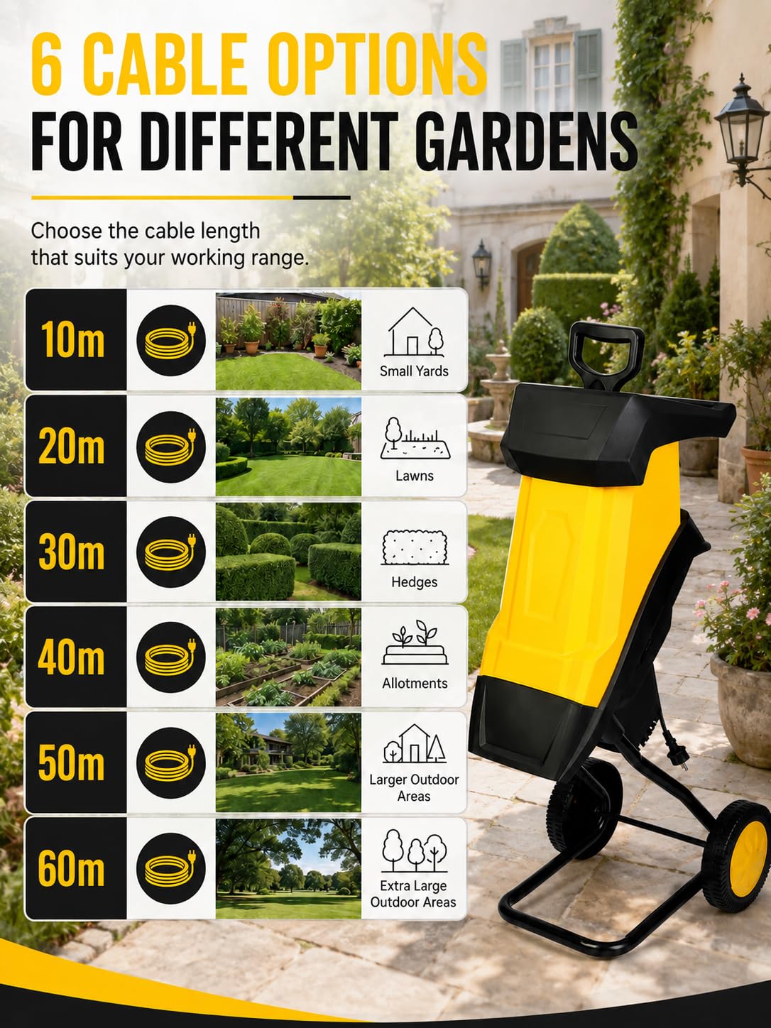 Trituradora de Jardín Eléctrica 2500 W 20m | Biotrituradora para Ramas, Ramitas y Setos hasta 40 mm, Motor de Cobre, Ruedas y Bolsa de Recogida