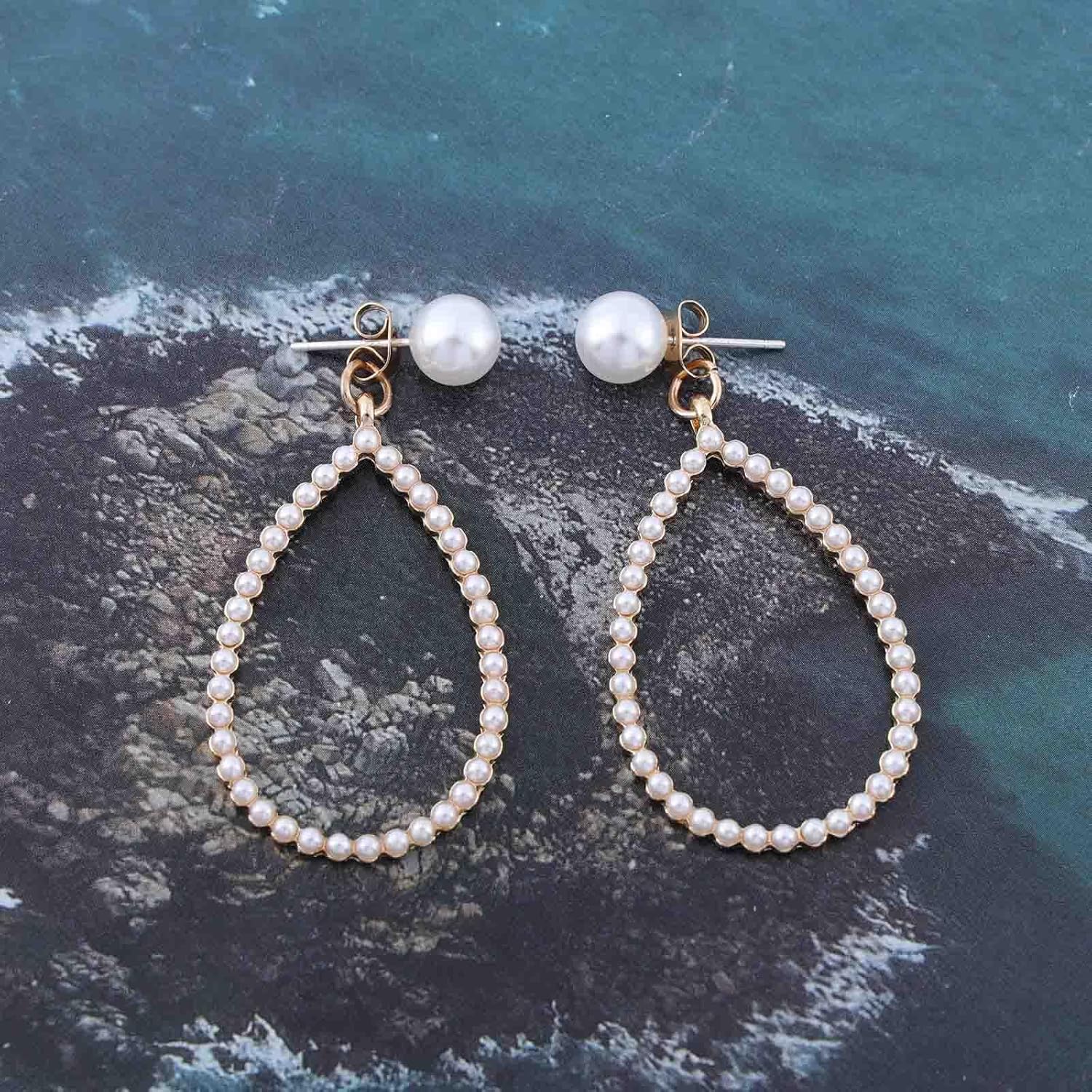Vintage Pearl Ear Jacket Earrings Oval Pearl Hoop Dangle Earrings Hollow Teardrop Earrings Pearl Teardrop Earrings Jewelry for Women - Image 3
