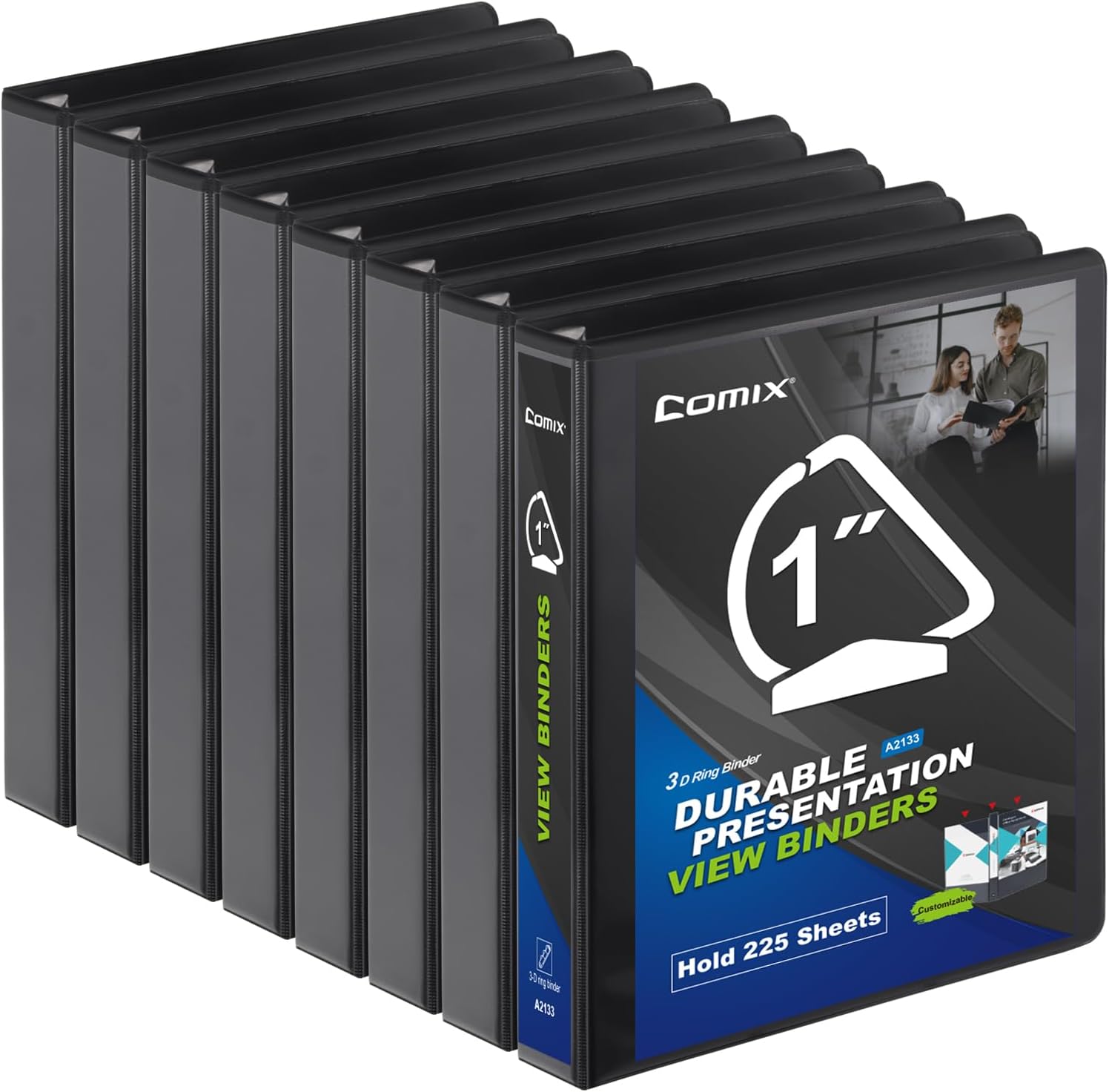 Comix Sturdy 3-Ring-Binder 1-inch D Ring Binders, 2.4mm-Thick, Hold 225 Sheets of 8.5" x 11" Paper, 8 Pack (Black)