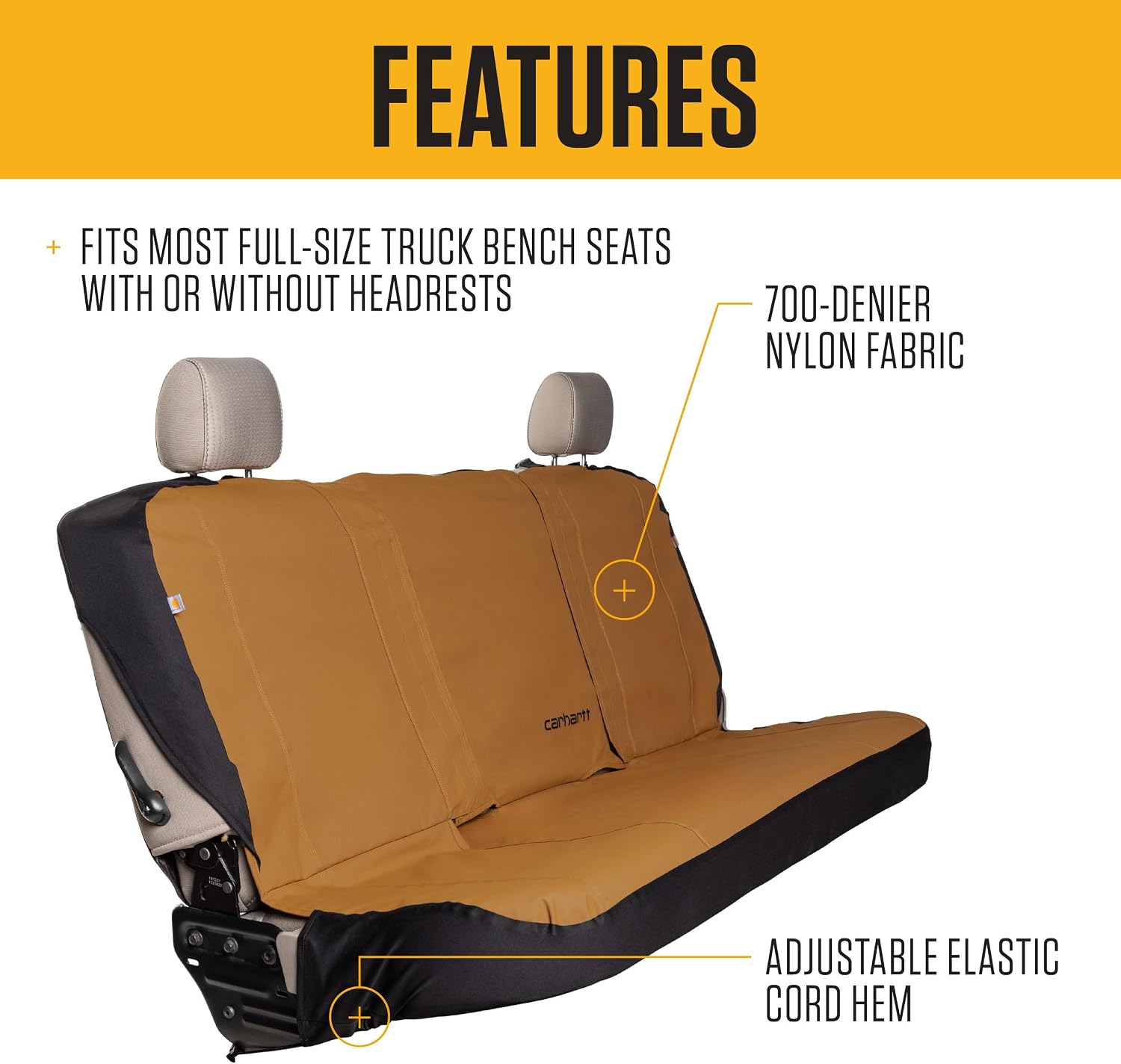 Carhartt 700D Nylon Duck Canvas Automotive Bench Seat Covers, Durable Fitted Full-Size Bench Seat Protection with Rain Defender, Carhartt Brown