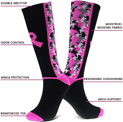Miniatura 9 de Sports Breast Cancer Awareness - Juego de calcetines y pulseras de cinta rosa  2 pares de calcetines deportivos de camuflaje digital + 4 bandas para