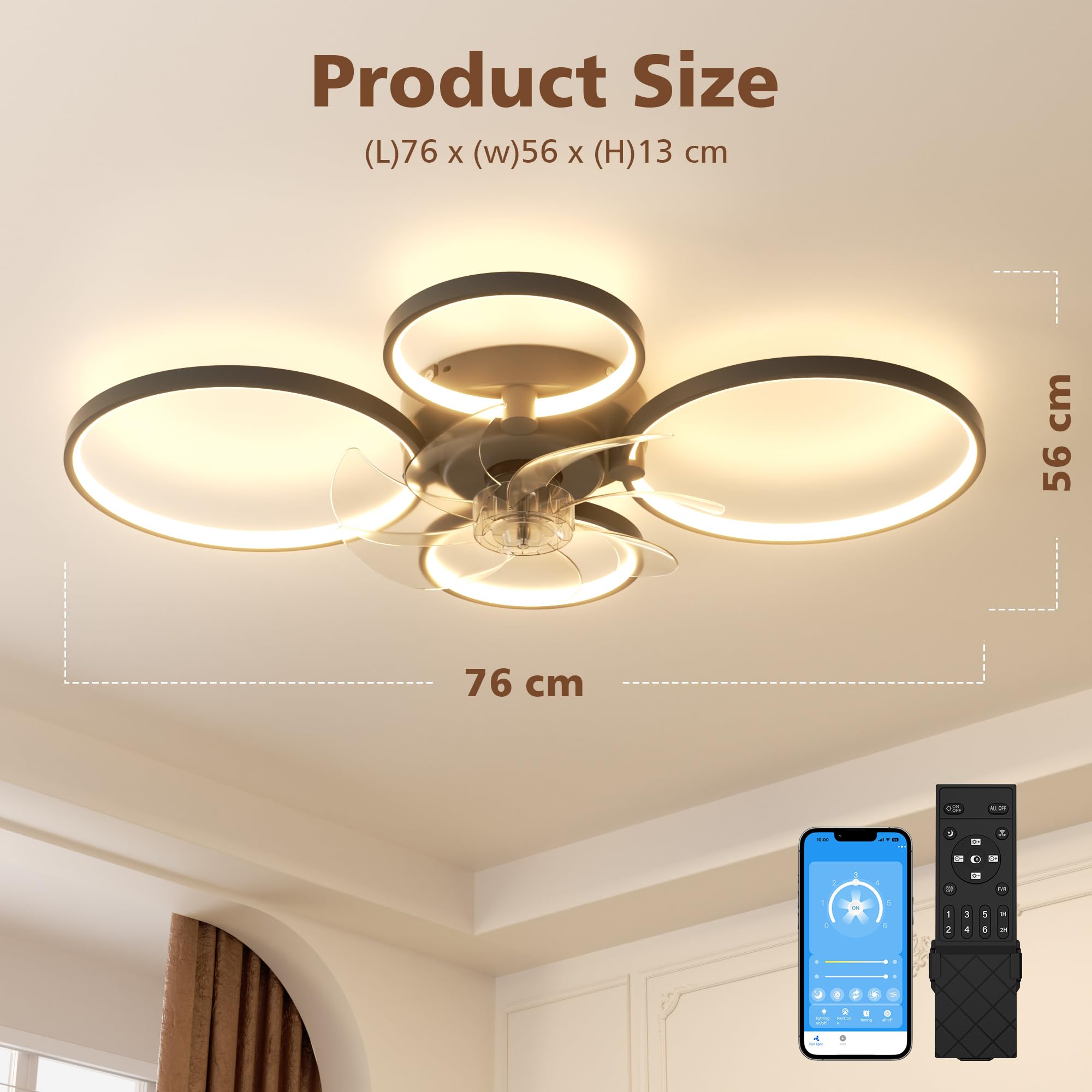 NIORSUN 78CM Deckenleuchte mit Ventilator, LED, dimmbar, Fernbedienung, App, 6-Gang, Timer, Schwarz