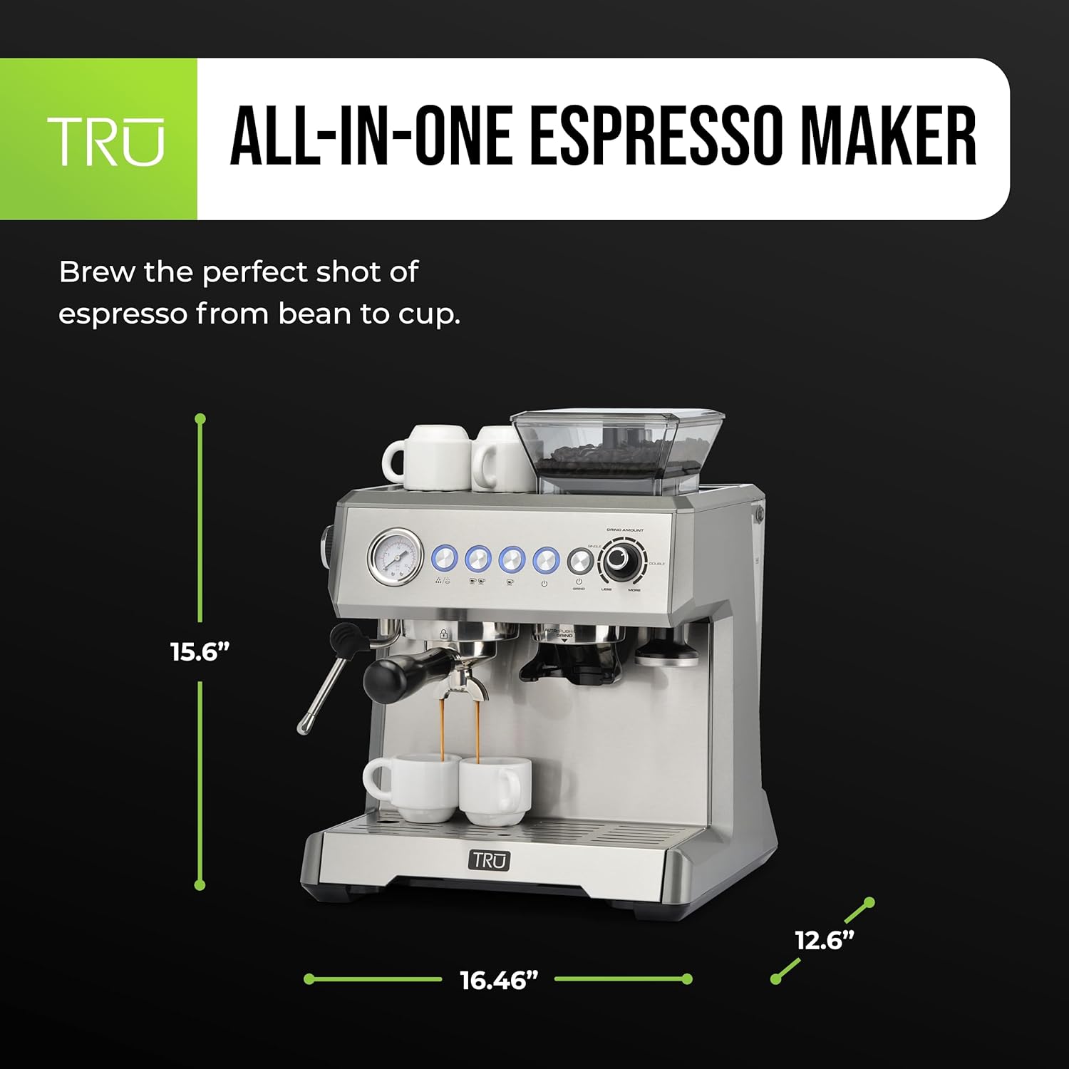 Tru All-in-One Espresso Maker with dimensions