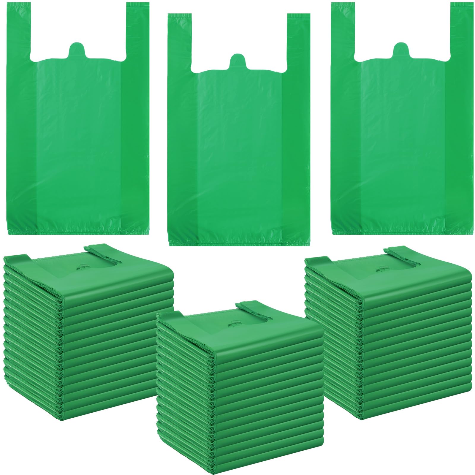 Dunzoom 300 Pcs T Shirt Bags Bulk Plastic Shopping Grocery Retail Bags with Handles 12 x 20 Inch for Small Business, Supermarket, Restaurant (Green)