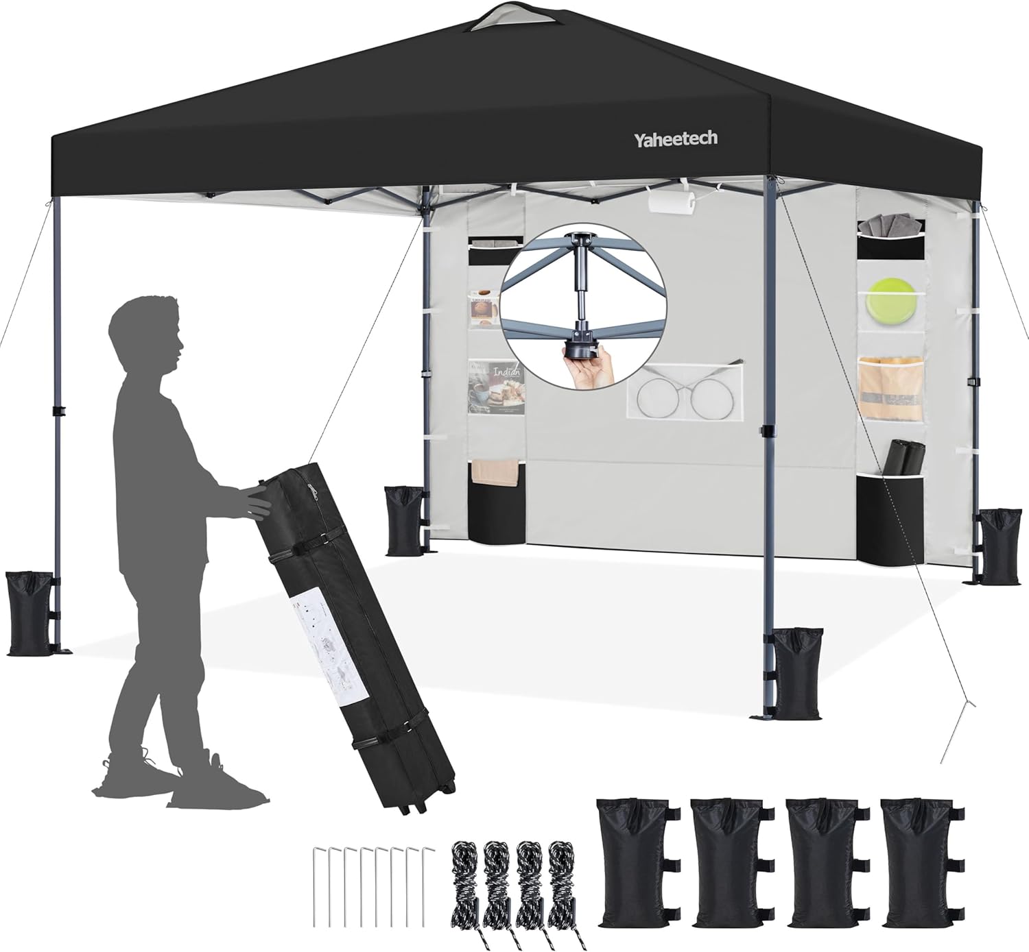 Yaheetech 10x10 Pop-up Canopy Tent w/Removable Pockets Sidewall for Extra Storage, Outdoor Sun Shelter Waterproof & Durable w/Wheeled Bag, Sandbags & Guylines for Beach Camping Party (Black)
