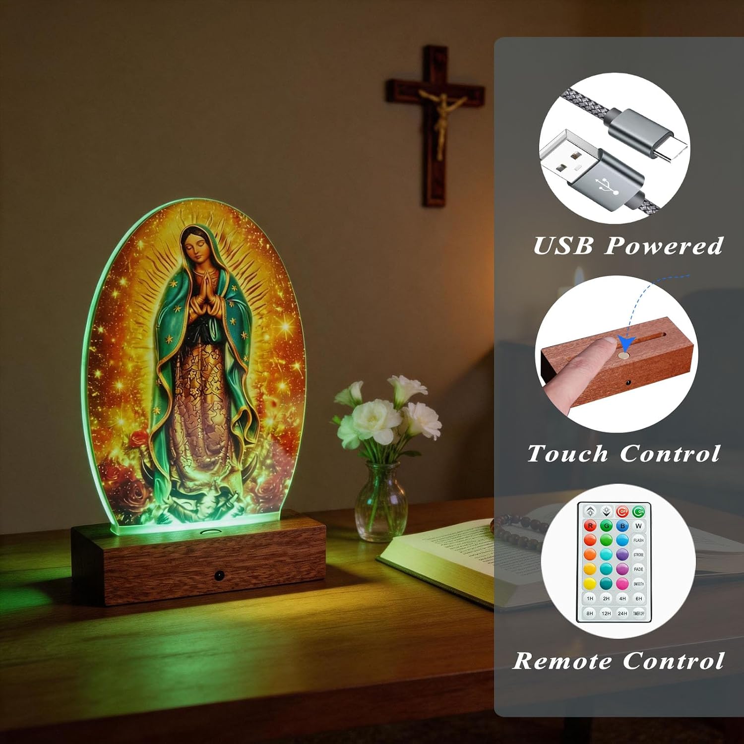 Virgen De Guadalupe, Virgin Mary Night Light, 16 RGB Colors Catholic Gifts with Remote Control/Touch Control and Wooden Base, 4 Flashing Modes, Timer, Dimmable, Religious Decor