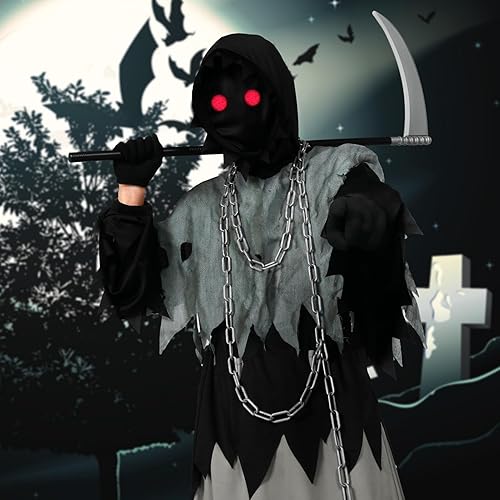 Miniatura 4 de Alaiyaky Disfraz de la parca para niños y niños, disfraz de Halloween para adultos con ojos rojos brillantes, guadaña, cadena