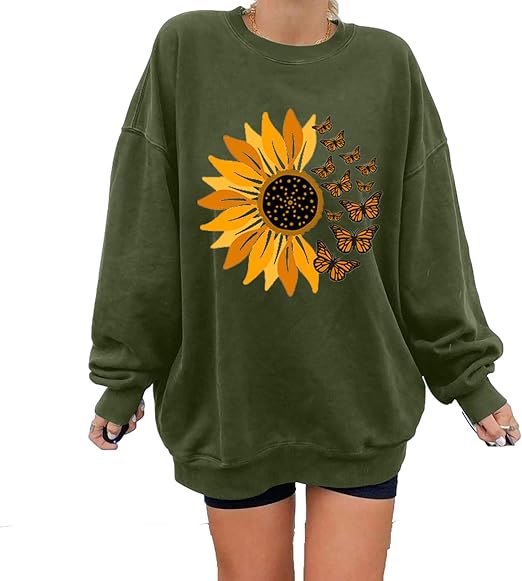 Sunflower Graphic Plus Size Vintage Sweatshirts for Women Crewneck Long ...