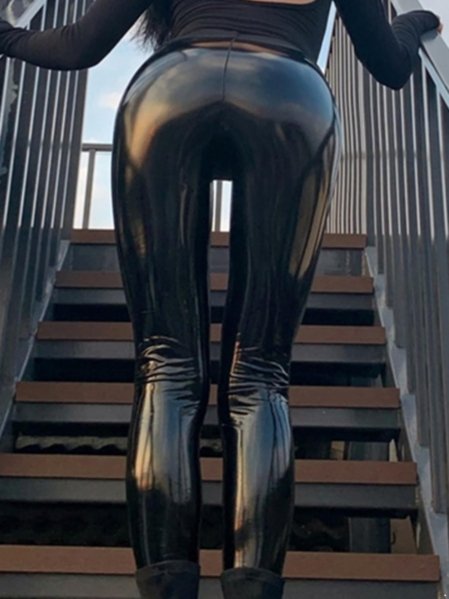 FEESHOW Donna Wetlook Leggings Pelle Finta Pantaloni Vita Alta Lucidi Pantaloni Di Pelle Collant Erotica Biancheria Intima Abbigliamento Da Club