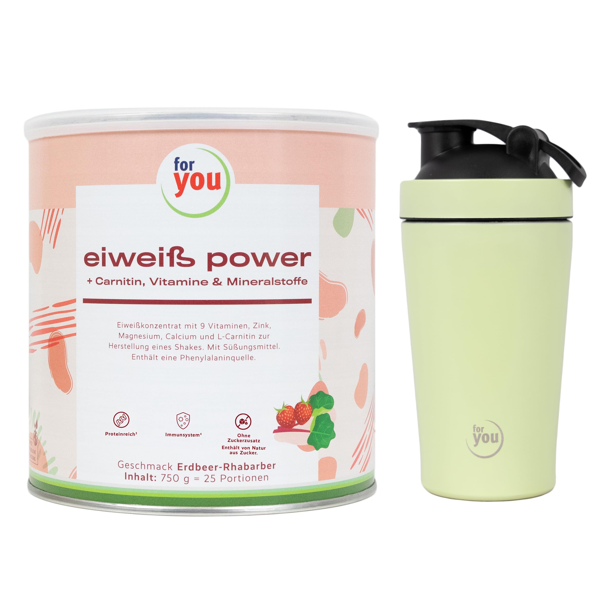 for you Power Eiweiß Erdbeer-Rhabarber 750 g + Gratis Shaker – Mehrkomponenten Eiweißpulver nach Dr. Strunz mit L-Carnitin, Vitaminen & Mineralstoffen | Muskelaufbau & Regeneration | Sehr gut löslich