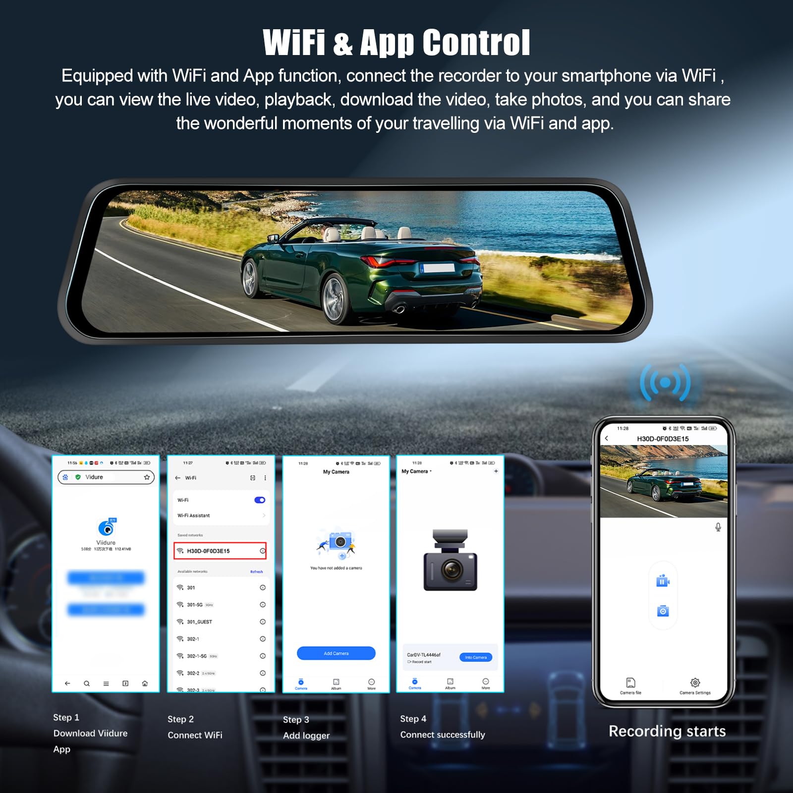 OiLiehu 9,66 Pollici Touchscreen 4K HD Mirror Dashcam con Telecamera Posteriore WiFi Dash Cam per Auto con G-Sensor/WDR/LCA/BSD/Monitor Parcheggio/Registrazione in Loop/Grandangolo 150°/Visione Nott