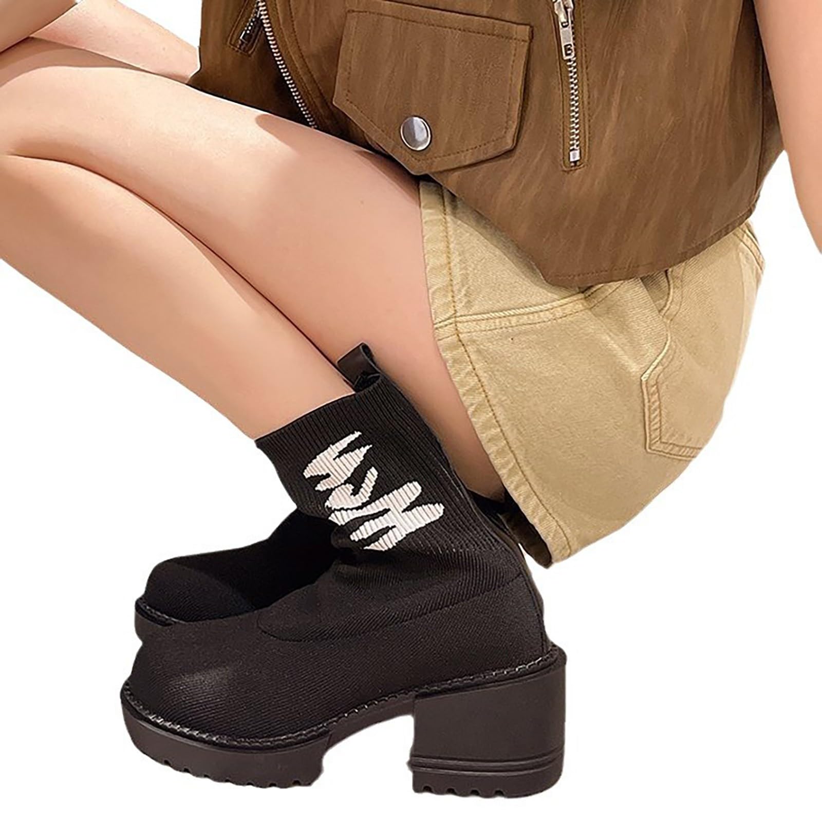Stivali da donna con punta tonda eleganti con tacco | Stivali da equitazione Chelsea a media altezza, antiscivolo, in similpelle (beige, nero, rosso)