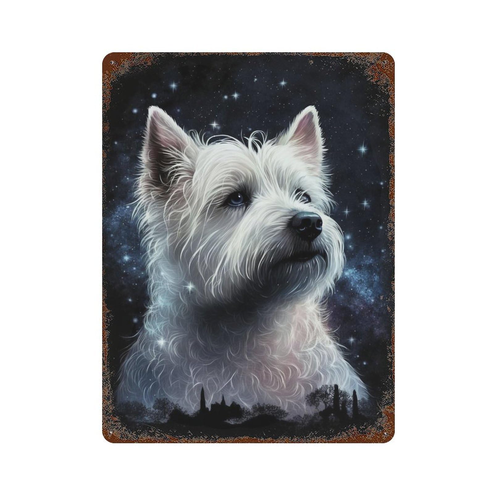Distressed Metal Wall Sign Starry Night Dog Portrait 15.7"x11.8", Shabby Chic Decor for Patio, Garden Room And Bar Decor