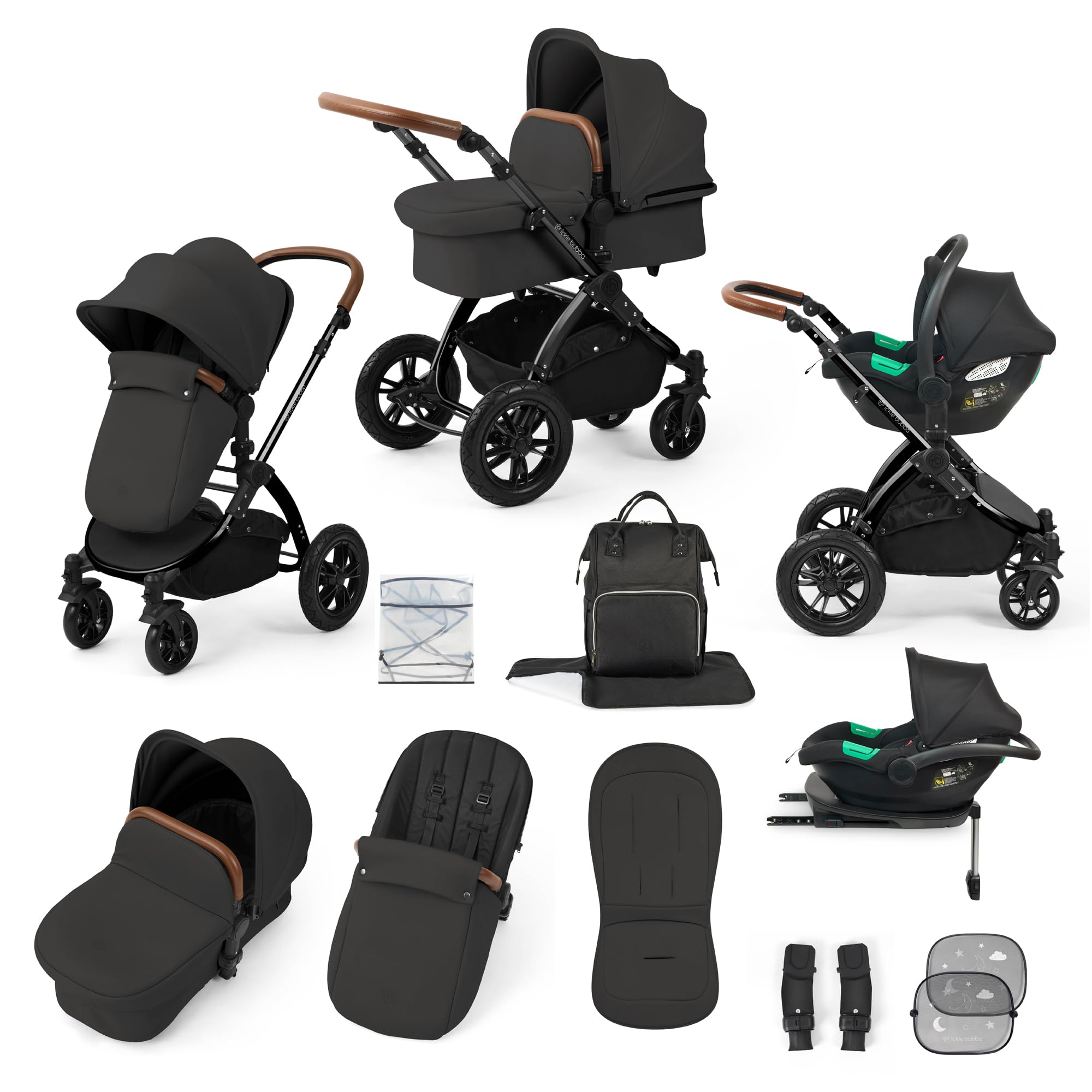 Poussette Tout-Terrain 12pcs Ickle Bubba Stomp Luxe – Système de Voyage 3 en 1 avec Siège Auto i-Size Cirrus + Base ISOFIX – Siège Réversible, Landau & Accessoires (Noir/Gris anthracite/Beige)