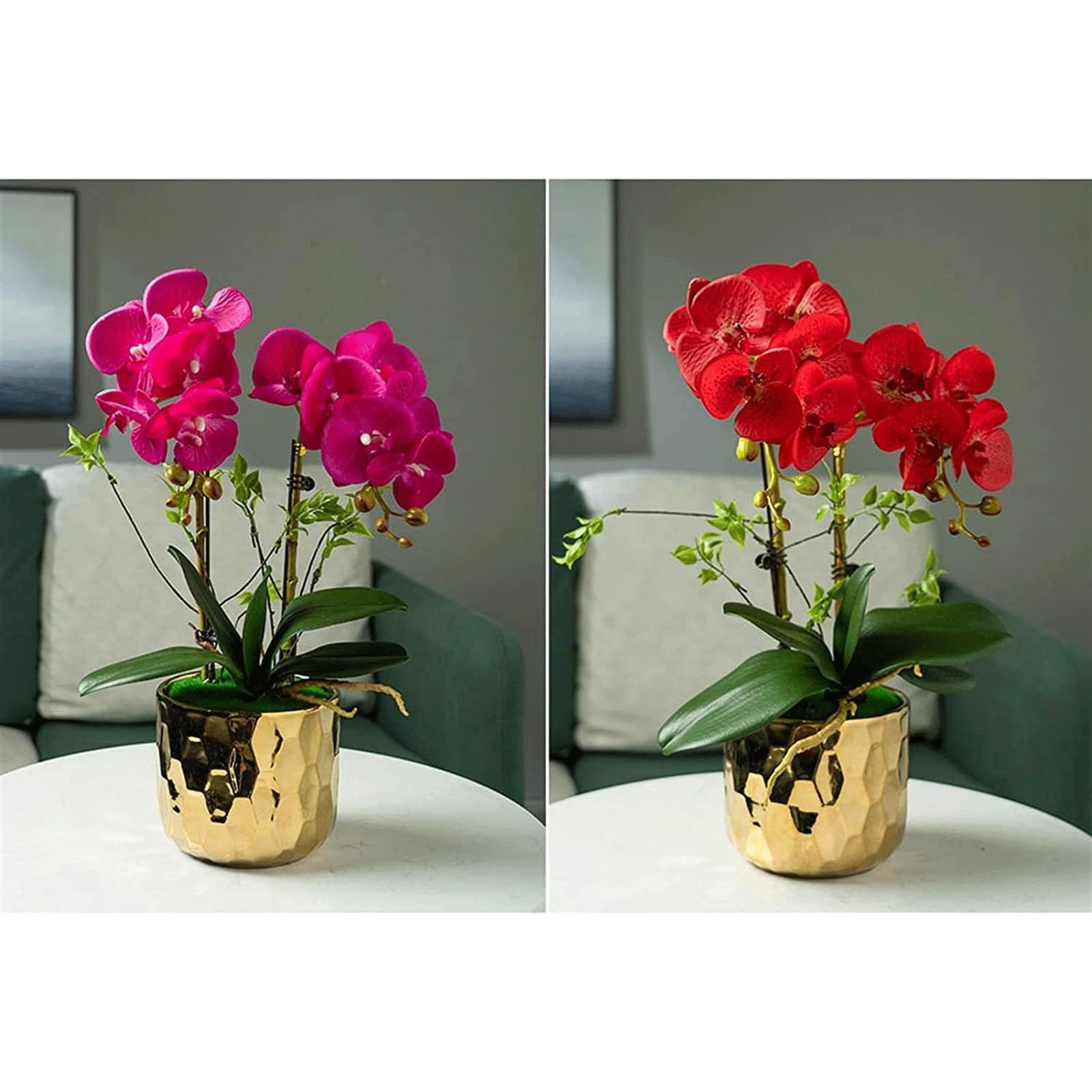 Orquídea Phalaenopsis Artificial de 48 cm en Elegante Maceta de Porcelana Dorada. Ideal para decoración del hogar, Bodas u Oficina. Aspecto Natural y fácil Mantenimiento.