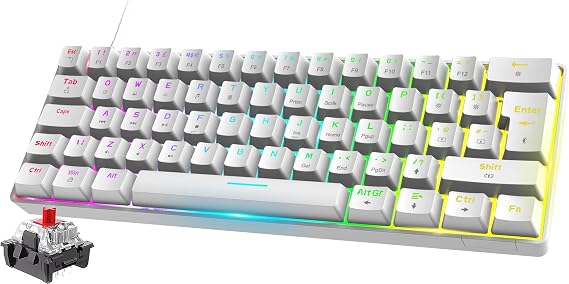 FELiCON-ZIYOU LANG T60 Mini 60% Percent Gaming Mechanical Keyboard, Compact 62 Keys UK Layout,18 RGB Illuminated LED Chroma Backlit, Detachable USB-C Wired Waterproof for PC Mac PS4 - White/Red Switch