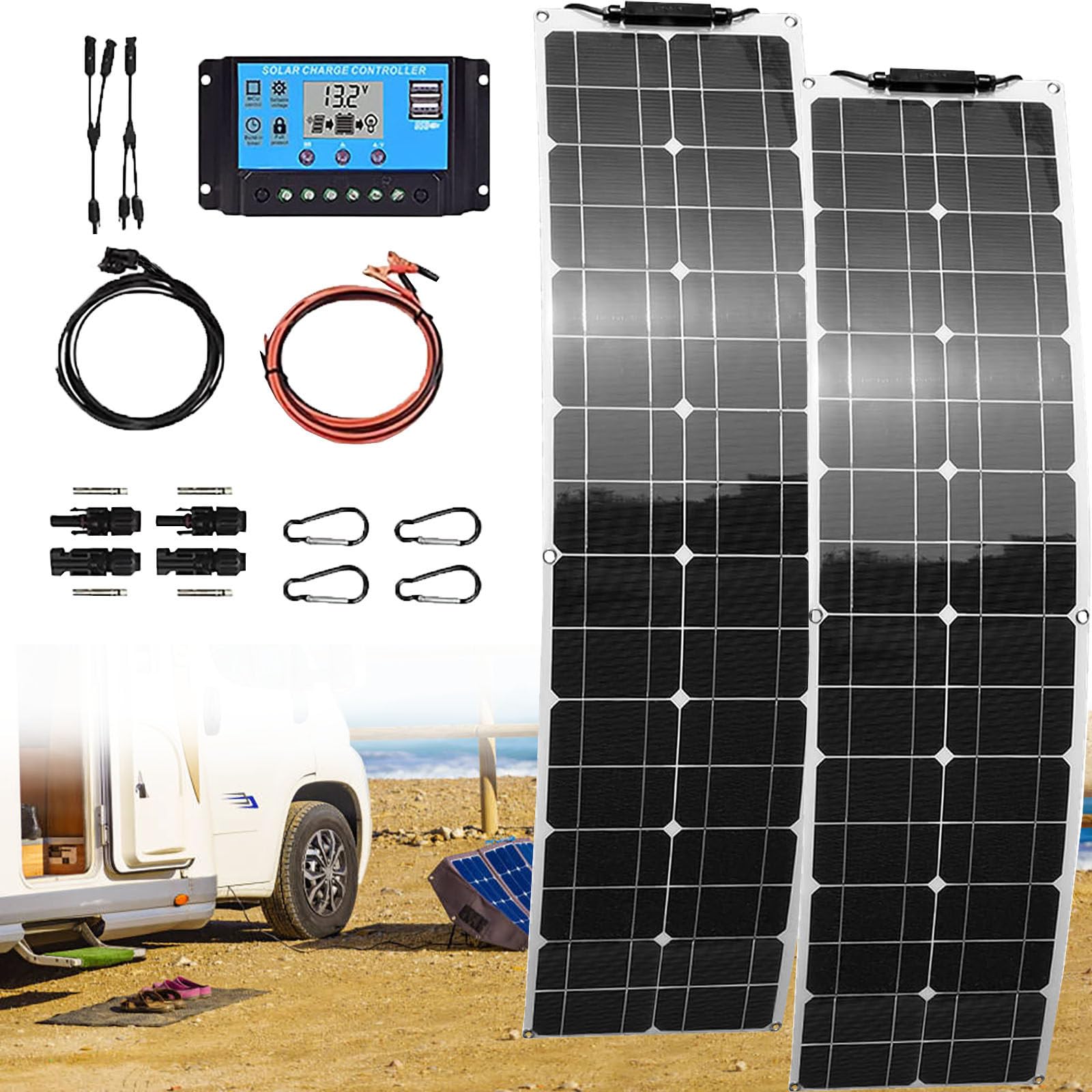 Pannelli Solari Flessibili da 400 Watt con Regolatore di Carica 40A Kit Pannello Solare Monocristallino da 2 Pezzi 200 W per Ricarica Batteria 16-24 V Auto Camper RV Yacht Barca,White