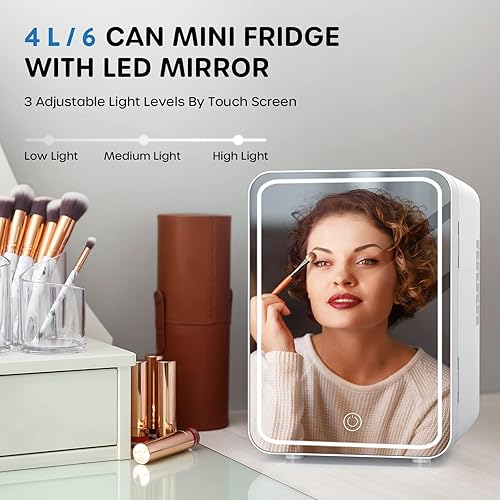 Miniatura 3 de ECOWELL Mini refrigerador para el cuidado de la piel con espejo LED, refrigerador para el cuidado de la piel de 4L6 latas para maquillaje y belleza,