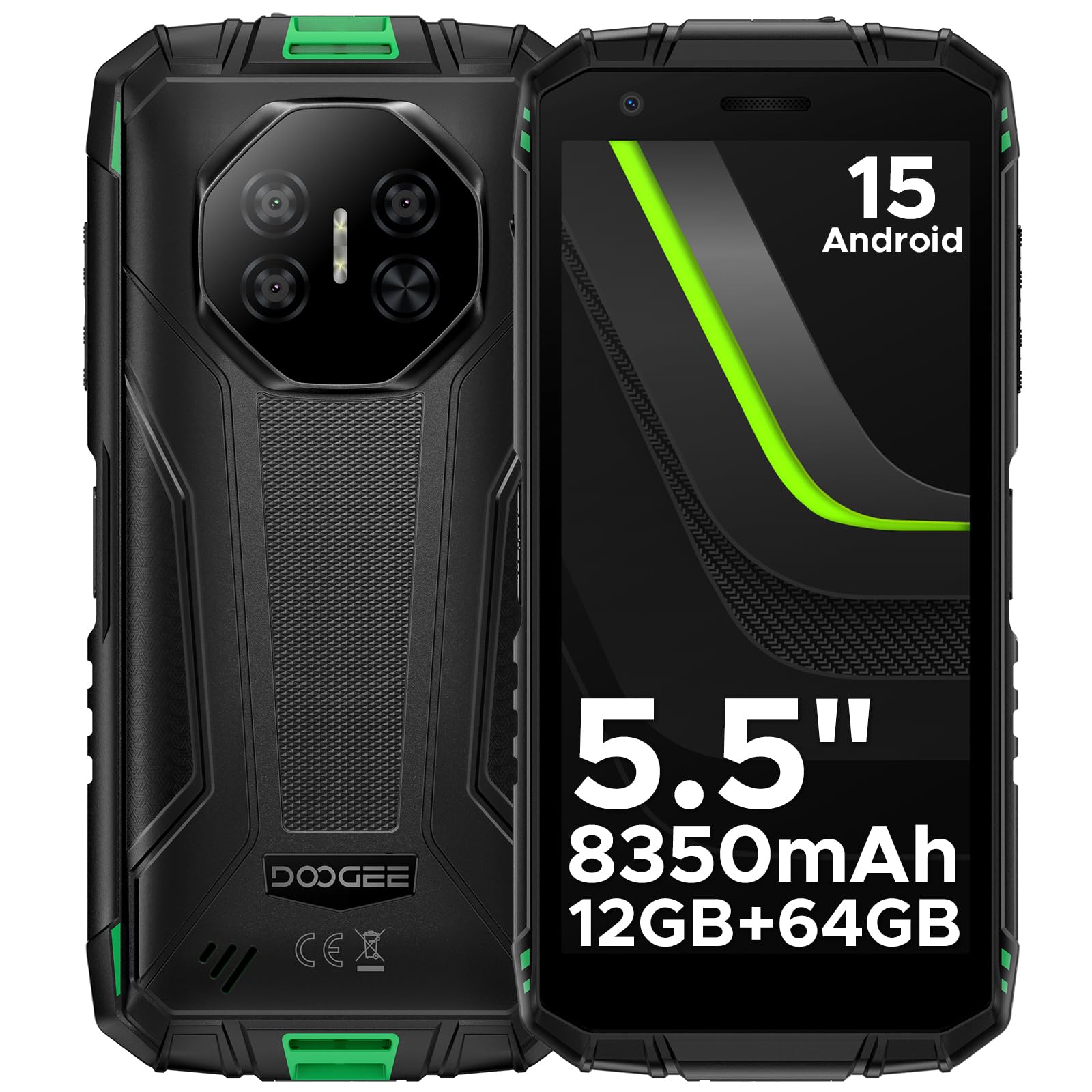 DOOGEE Fire 3 Rugged Smartphone Android 15, UNISOC SC9863A, 5.5" IPS HD+ Display, 8350mAh Telefono Indistruttibile, 12GB+64GB/2TB, 13MP+8MP Telefono Rugged, Widevine L1/Face Unlock/NFC- Verde