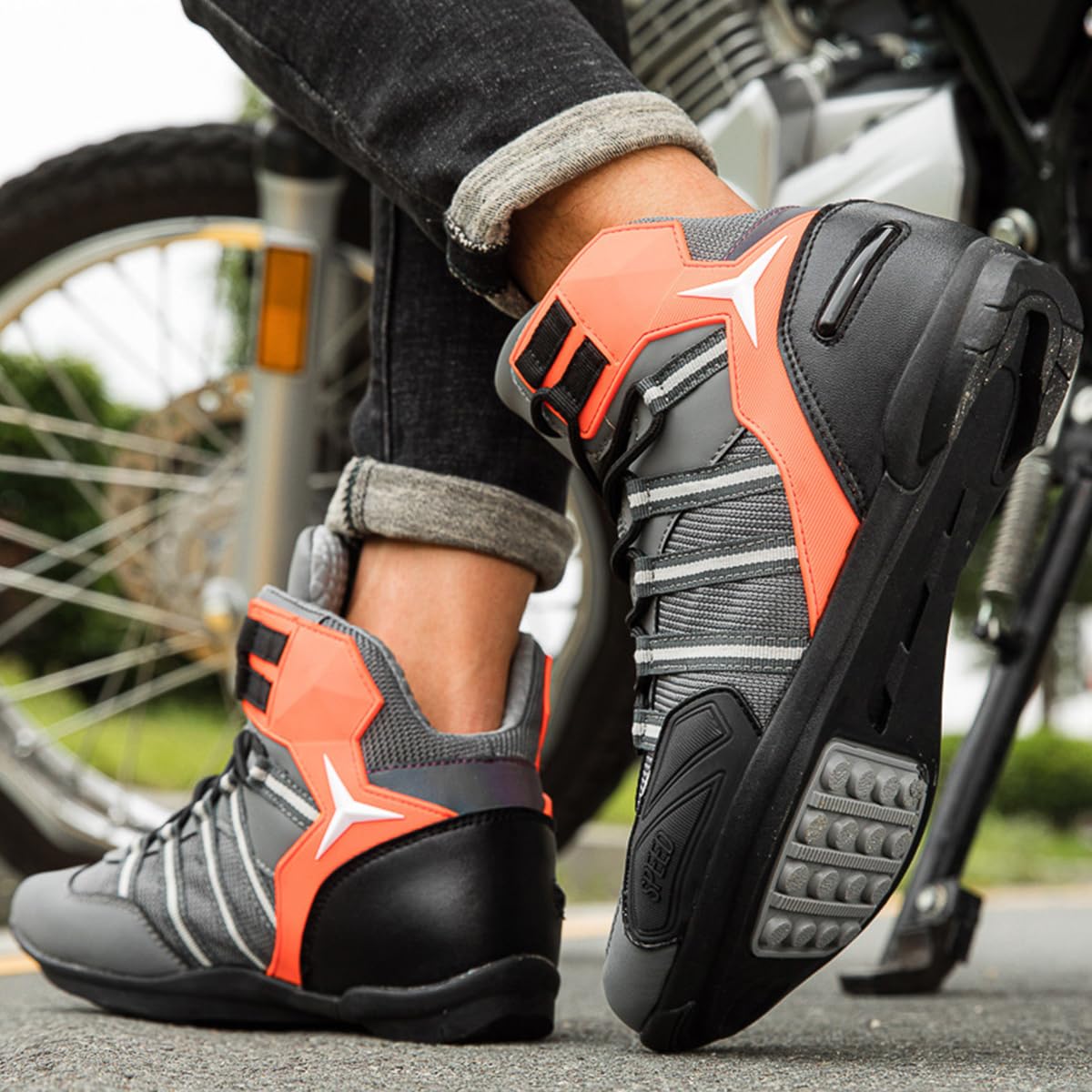 Stivali Moto in Pelle Uomo Modello Sportivo Racing Pista | Stivali da Motocross, Impermeabile, Traspiranti, Antiscivolo, Protezione Caviglia, Rinforzate