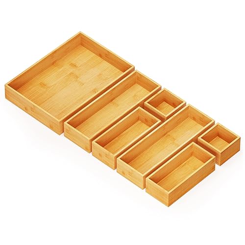 SpaceAid 7-Piece Bamboo Drawer Organizer Storage Boxes Set, Wood Tray Junk Drawer Organizers Multi-Use Divider Bins for Kitchen, Bathroom, Office Desk and Makeup Organization (7 Pack, Natural) - 7-Piece - Natural