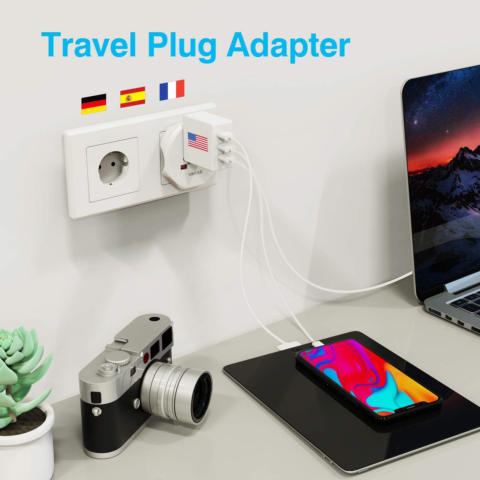 VINTAR 2PC Adaptateur Prise Anglaise vers France,Adaptateur Prise USA vers France,Adaptateur de Voyage pour UK, USA, Canada, Chine, Australie, Italie, Suisse, Prise Monde, Blanc
