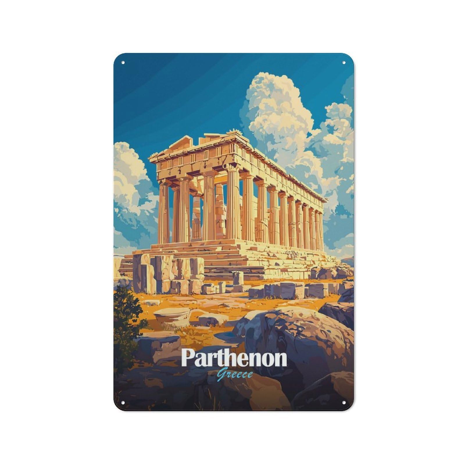 Retro Metal Plaque 30x20cm Featuring Parthenon Greece for Home Bar Wall, for Room Styling Across Home Bars And Entertaining Spaces