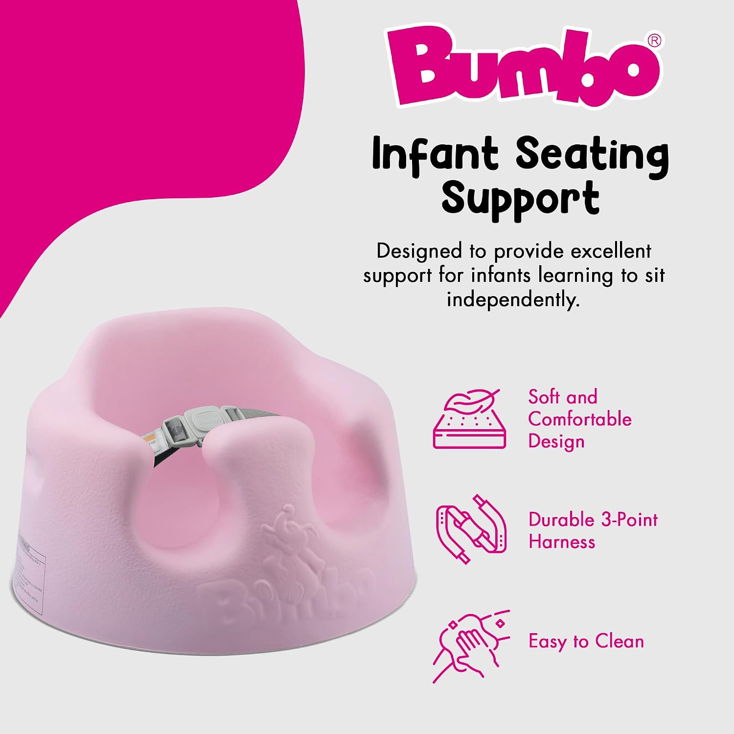 Bumbo Baby Infant Soft Foam Comfortable Support Wide Floor Seat with 3 Point Adjustable Harness for Ages 3 to 12 Months, Cradle Pink