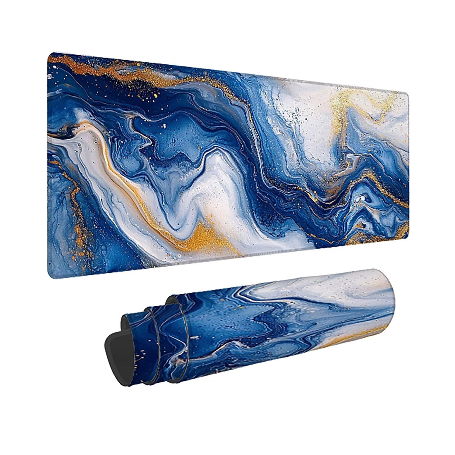 Podkładka pod mysz do gier XXL niebieski marmurowy wzór, mata na biurko XXL - 1400 x 600 x 3 mm - pod ręką biurko, podkładka pod mysz dla graczy antypoślizgowa gumowa podkładka szyta krawędziami, dla