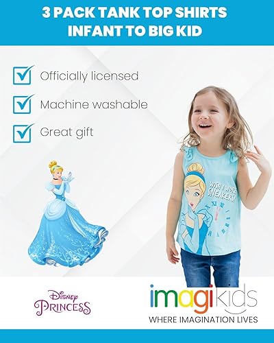 Miniatura 6 de Disney Princess Cenicienta Belle Moana Ariel Rapunzel Jasmine - Camiseta sin mangas para niñas pequeñas, paquete de 3 unidades